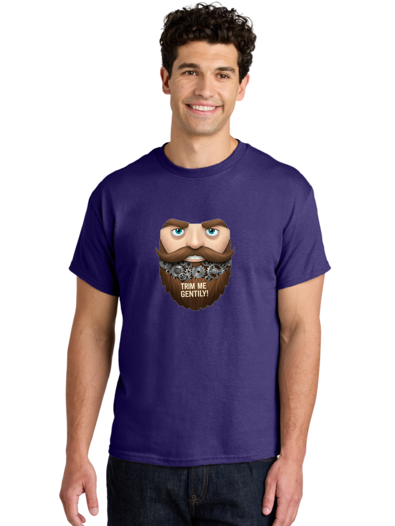 Trim-Me-Gentily Men'S Graphic Tee, 100% Cotton, Comfortable Casual Summer Wear, Machine Washable, Steampunk-Inspired Beard, Mechanical Gears, Vintage Grooming, Quirky Humor, Unique Facial Hair, Whimsical Design, Trim Me Gently, Bad861 17