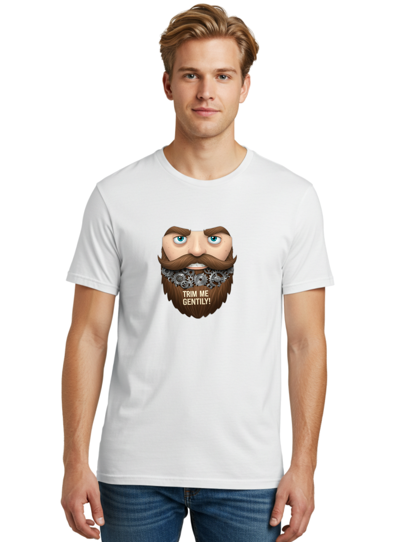 Trim-Me-Gentily Men'S Graphic Tee, 100% Cotton, Comfortable Casual Summer Wear, Machine Washable, Steampunk-Inspired Beard, Mechanical Gears, Vintage Grooming, Quirky Humor, Unique Facial Hair, Whimsical Design, Trim Me Gently, Bad861 21