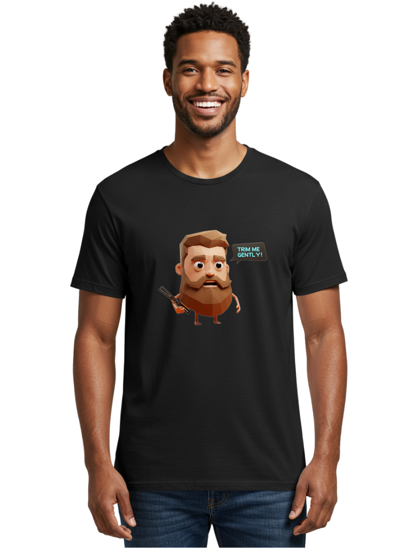 Trim-Me-Gently-1 Men'S Graphic Tee, 100% Cotton, Comfortable Casual Summer Wear, Machine Washable, Cartoon Man, Low Poly Character, 3D Illustration, Barber Theme, Grooming, Male Beauty, Beard Care, Scissors, Funny Expression Bad862 21