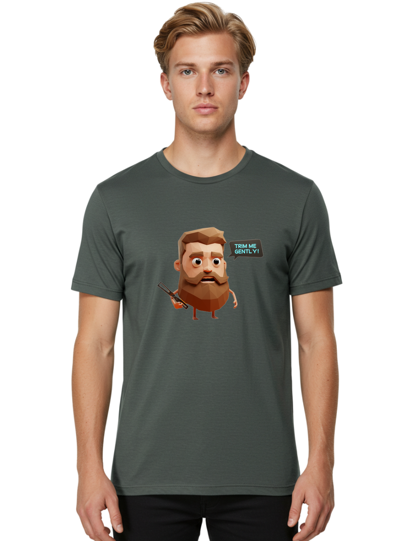 Trim-Me-Gently-1 Men'S Graphic Tee, 100% Cotton, Comfortable Casual Summer Wear, Machine Washable, Cartoon Man, Low Poly Character, 3D Illustration, Barber Theme, Grooming, Male Beauty, Beard Care, Scissors, Funny Expression Bad862 28