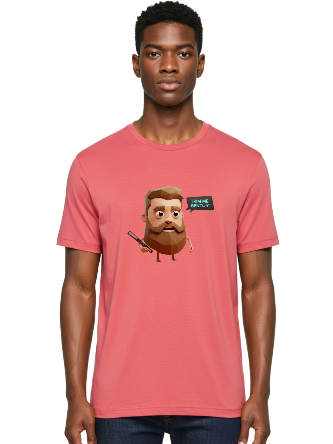 Trim-Me-Gently-1 Men'S Graphic Tee, 100% Cotton, Comfortable Casual Summer Wear, Machine Washable, Cartoon Man, Low Poly Character, 3D Illustration, Barber Theme, Grooming, Male Beauty, Beard Care, Scissors, Funny Expression Bad862 25