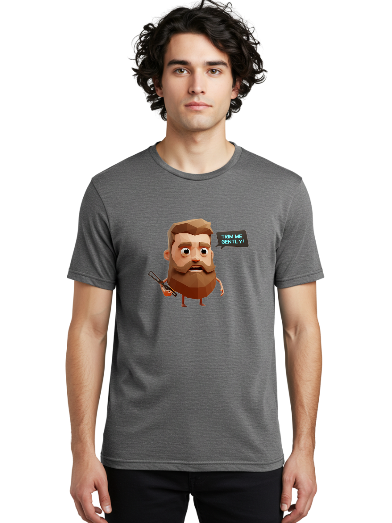 Trim-Me-Gently-1 Men'S Graphic Tee, 100% Cotton, Comfortable Casual Summer Wear, Machine Washable, Cartoon Man, Low Poly Character, 3D Illustration, Barber Theme, Grooming, Male Beauty, Beard Care, Scissors, Funny Expression Bad862 20