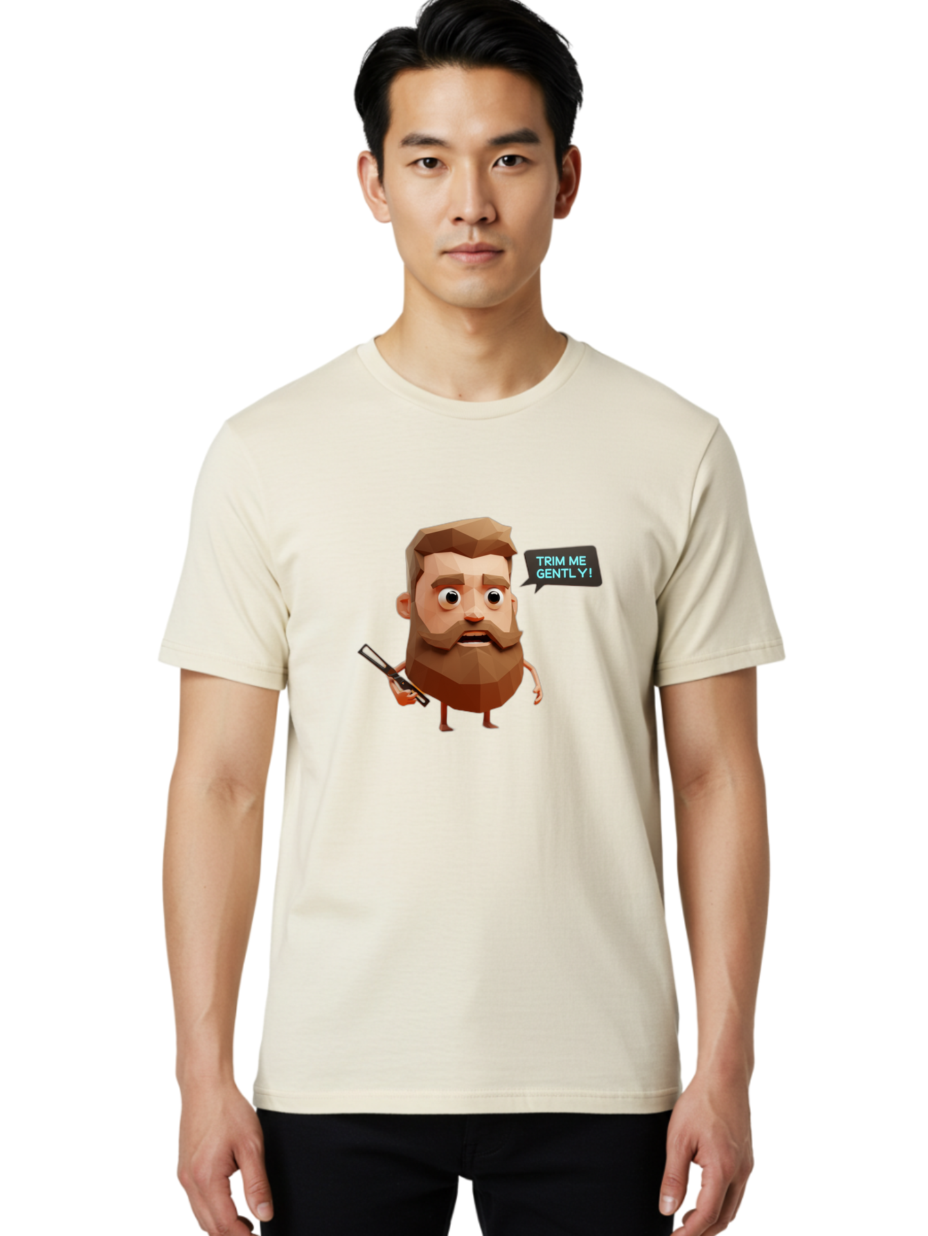 Trim-Me-Gently-1 Men'S Graphic Tee, 100% Cotton, Comfortable Casual Summer Wear, Machine Washable, Cartoon Man, Low Poly Character, 3D Illustration, Barber Theme, Grooming, Male Beauty, Beard Care, Scissors, Funny Expression Bad862 23