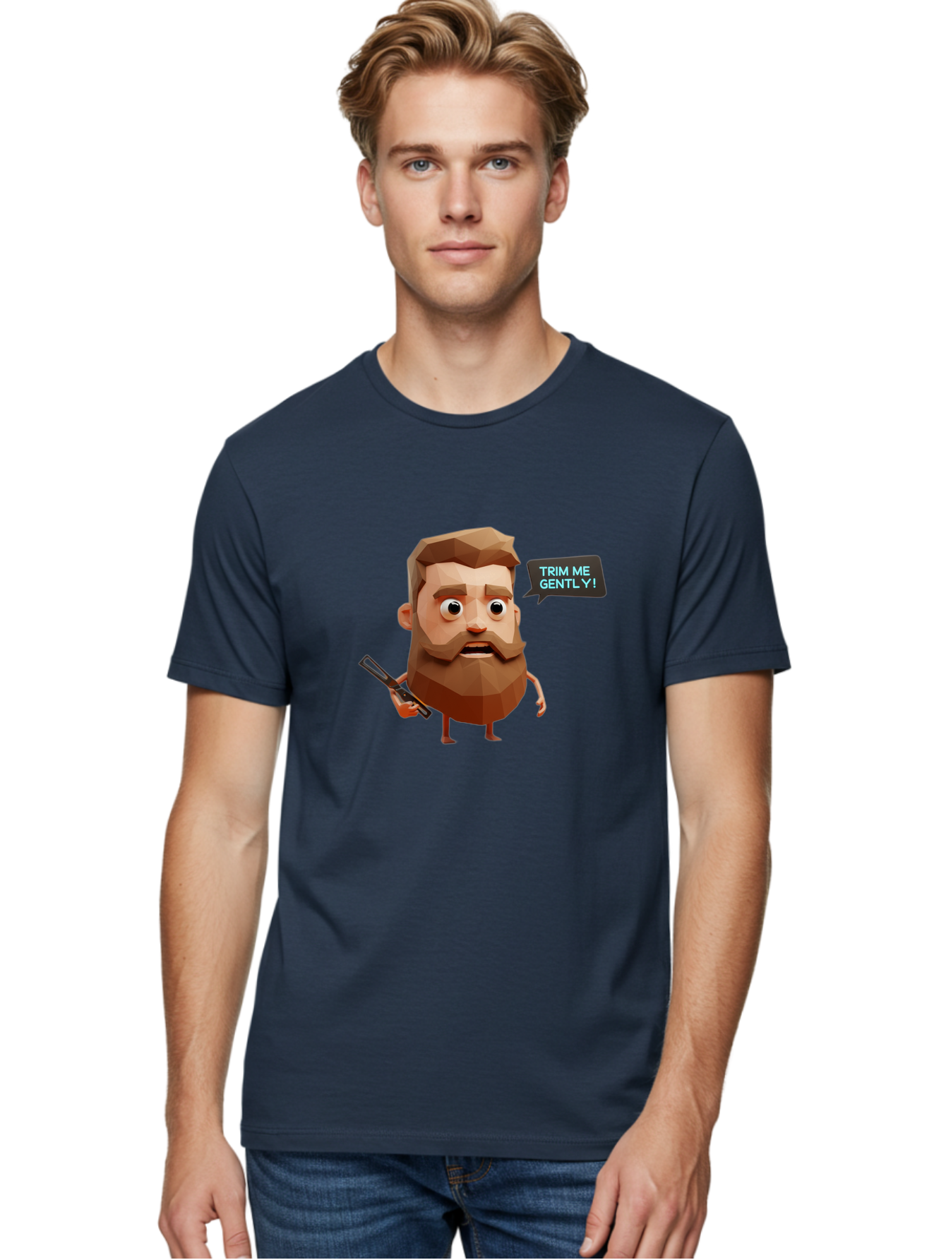 Trim-Me-Gently-1 Men'S Graphic Tee, 100% Cotton, Comfortable Casual Summer Wear, Machine Washable, Cartoon Man, Low Poly Character, 3D Illustration, Barber Theme, Grooming, Male Beauty, Beard Care, Scissors, Funny Expression Bad862 22