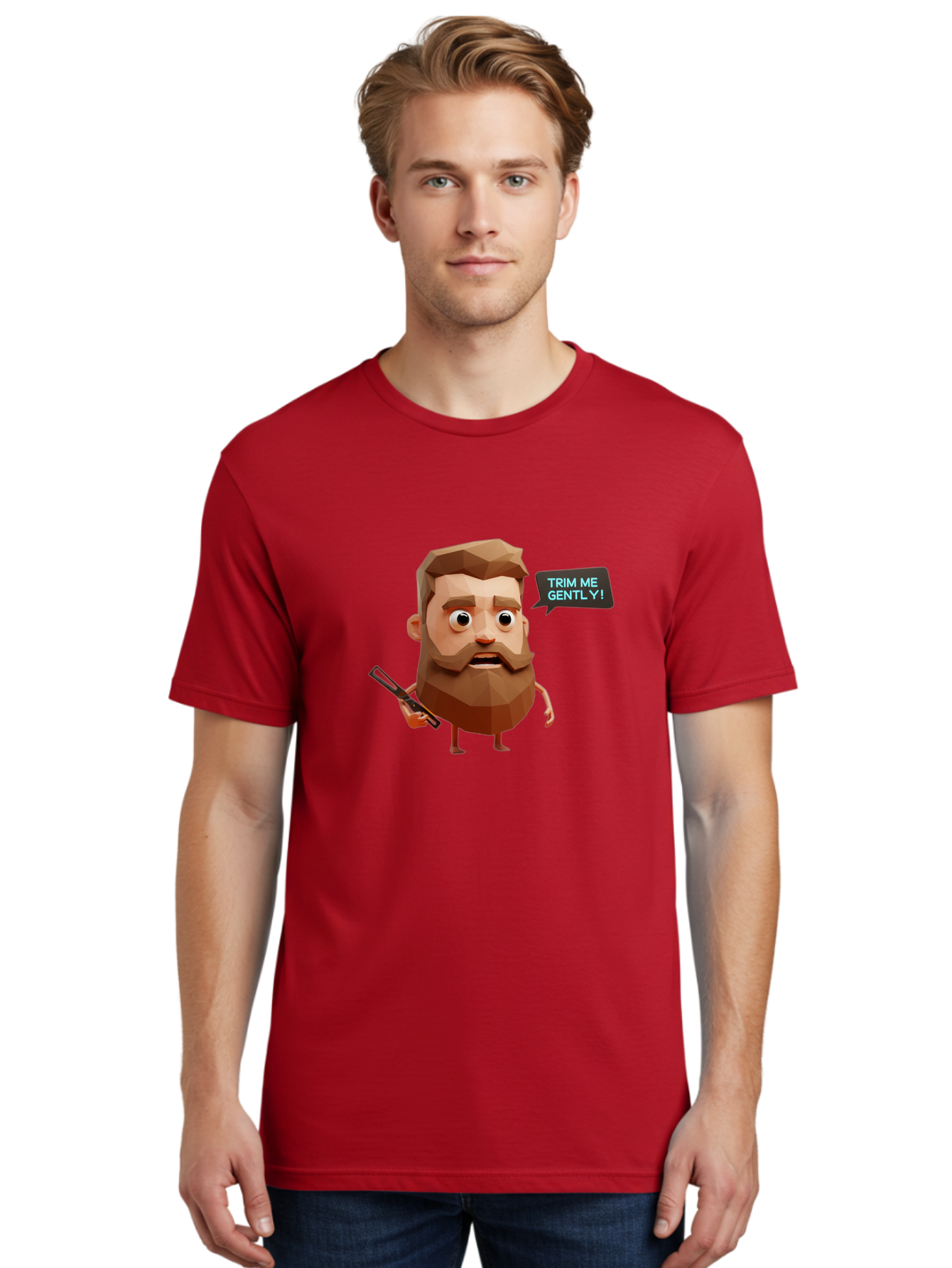 Trim-Me-Gently-1 Men'S Graphic Tee, 100% Cotton, Comfortable Casual Summer Wear, Machine Washable, Cartoon Man, Low Poly Character, 3D Illustration, Barber Theme, Grooming, Male Beauty, Beard Care, Scissors, Funny Expression Bad862 19