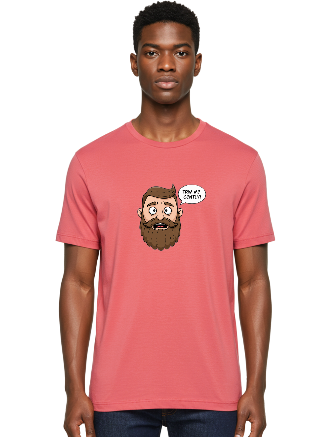 Trim-Me-Gently-3 Men'S Graphic Tee, 100% Cotton, Comfortable Casual Summer Wear, Machine Washable, Cartoon Man With Brown Hair And Beard, Worried Expression, Speech Bubble, Barber Humor, Grooming, Haircut, Men'S Grooming, Comedic Relief Bad864 28