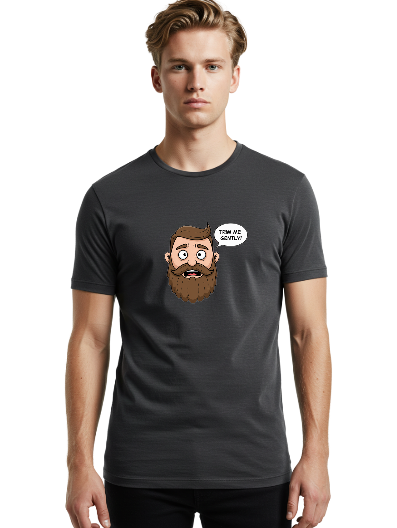 Trim-Me-Gently-3 Men'S Graphic Tee, 100% Cotton, Comfortable Casual Summer Wear, Machine Washable, Cartoon Man With Brown Hair And Beard, Worried Expression, Speech Bubble, Barber Humor, Grooming, Haircut, Men'S Grooming, Comedic Relief Bad864 26