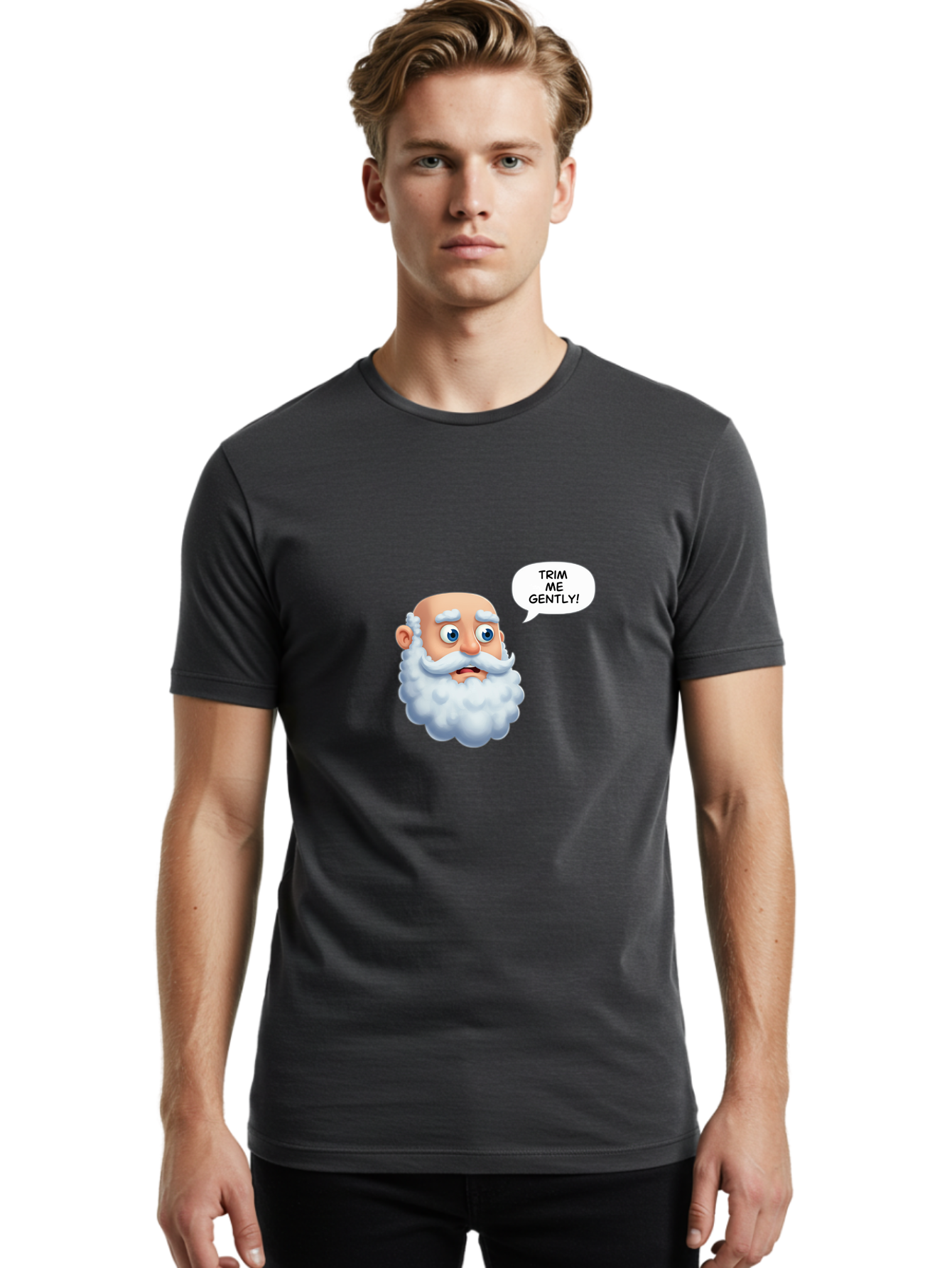 Trim-Me-Gently-4 Men'S Graphic Tee, 100% Cotton, Comfortable Casual Summer Wear, Machine Washable, Funny Cartoon Character, White Beard, Blue Eyes, Humorous Expression, Speech Bubble, Trim Me Gently, Comedic Style, Cartoon Humor, Bad865 24