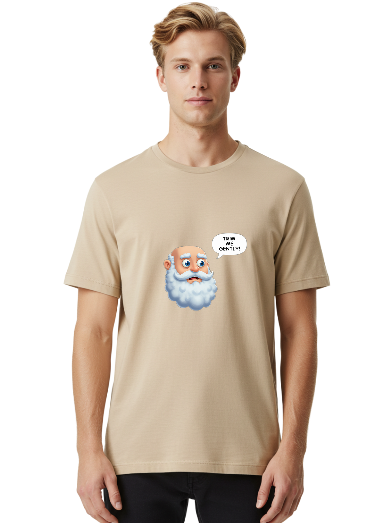 Trim-Me-Gently-4 Men'S Graphic Tee, 100% Cotton, Comfortable Casual Summer Wear, Machine Washable, Funny Cartoon Character, White Beard, Blue Eyes, Humorous Expression, Speech Bubble, Trim Me Gently, Comedic Style, Cartoon Humor, Bad865 23