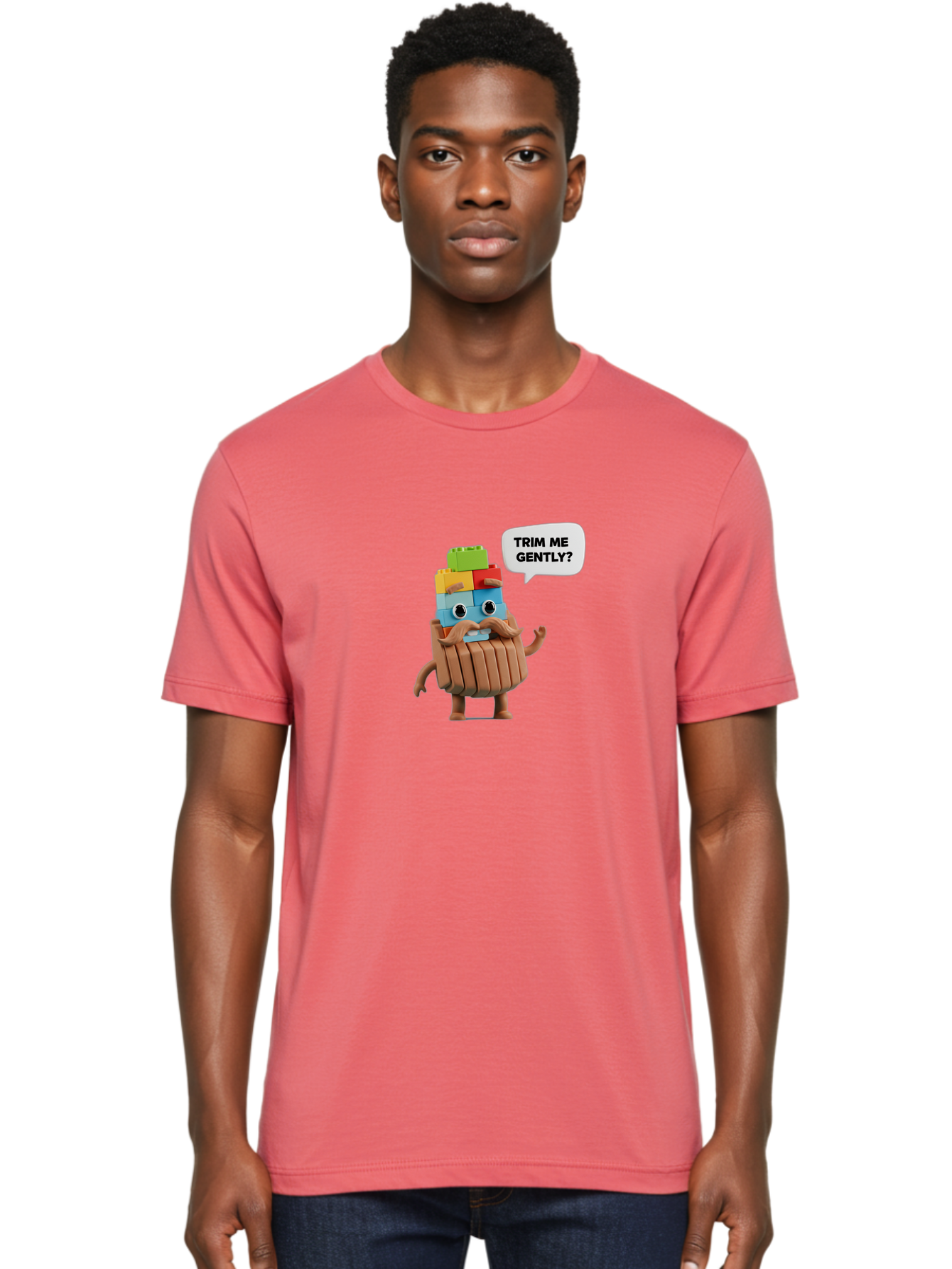 Trim-Me-Gently-5 Men'S Graphic Tee, 100% Cotton, Comfortable Casual Summer Wear, Machine Washable, Funny Character, Lego Figure, Cartoon Style, Humorous Mustache, Comedic Expression, Quirky Personality, Playful Design, Building Blocks, Bad866 16