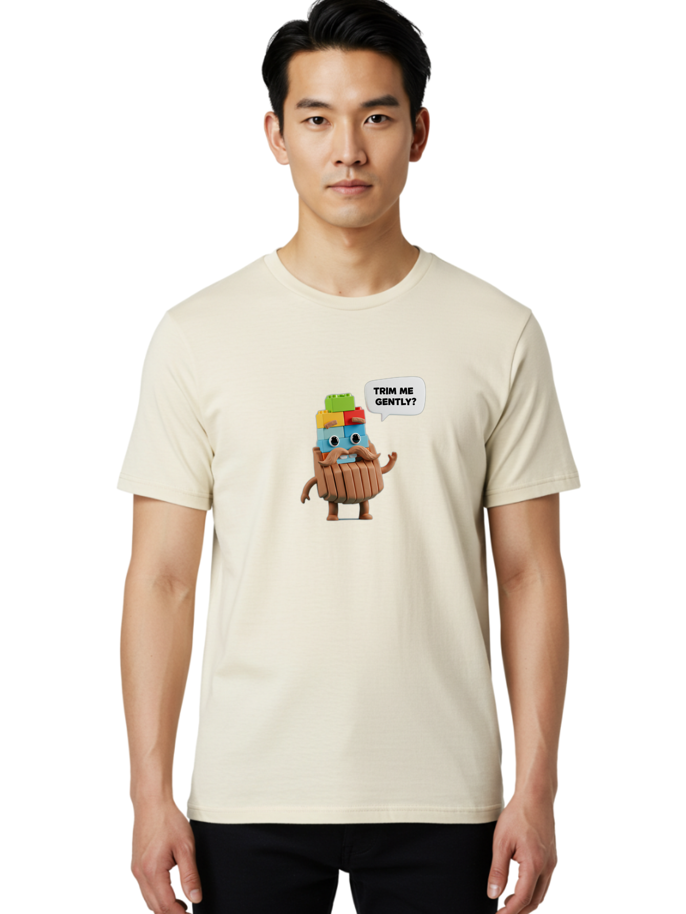 Trim-Me-Gently-5 Men'S Graphic Tee, 100% Cotton, Comfortable Casual Summer Wear, Machine Washable, Funny Character, Lego Figure, Cartoon Style, Humorous Mustache, Comedic Expression, Quirky Personality, Playful Design, Building Blocks, Bad866 29
