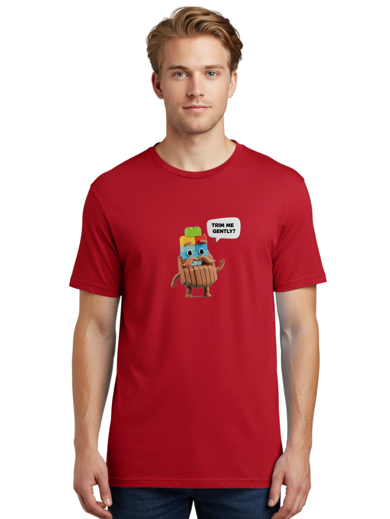 Trim-Me-Gently-5 Men'S Graphic Tee, 100% Cotton, Comfortable Casual Summer Wear, Machine Washable, Funny Character, Lego Figure, Cartoon Style, Humorous Mustache, Comedic Expression, Quirky Personality, Playful Design, Building Blocks, Bad866 24