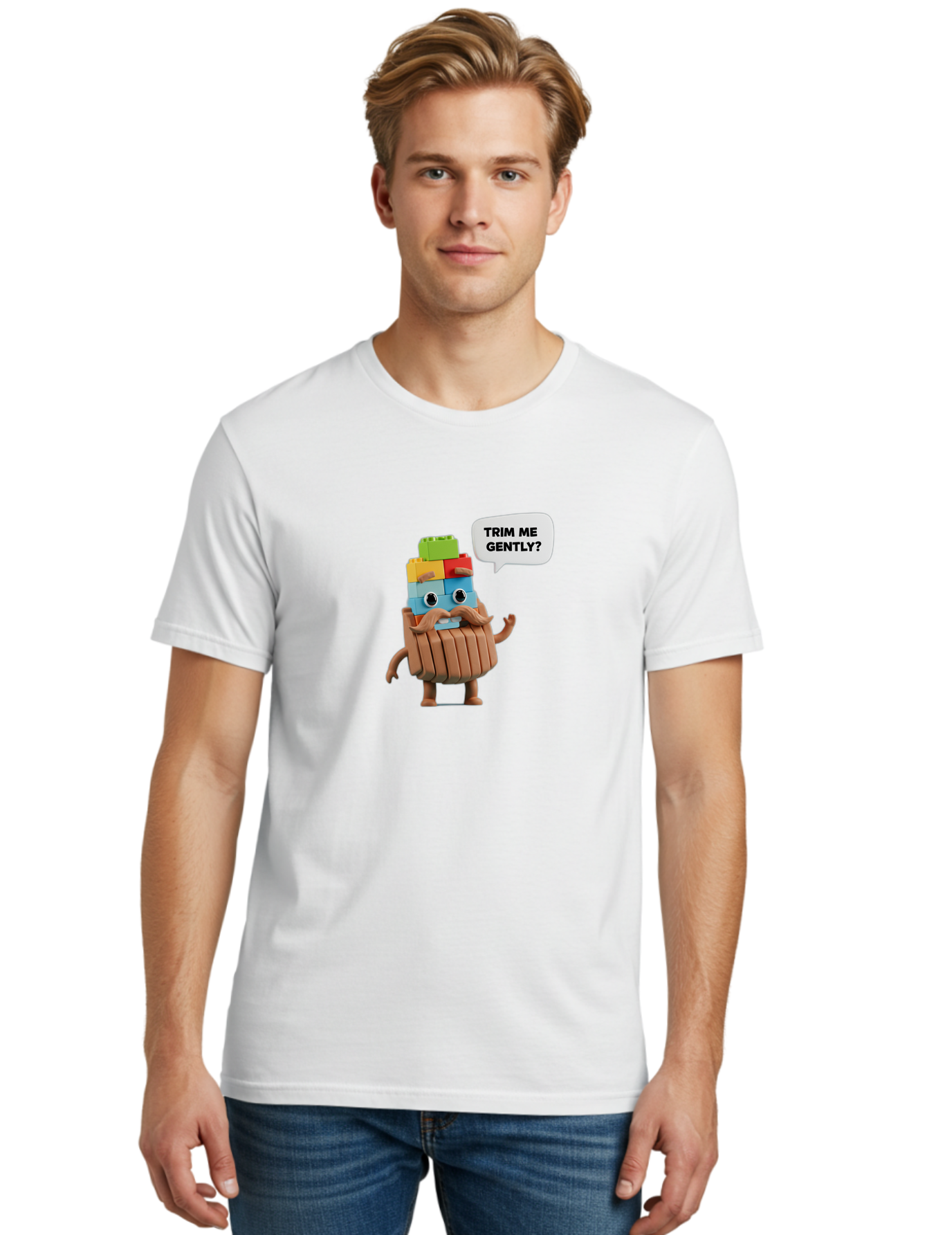 Trim-Me-Gently-5 Men'S Graphic Tee, 100% Cotton, Comfortable Casual Summer Wear, Machine Washable, Funny Character, Lego Figure, Cartoon Style, Humorous Mustache, Comedic Expression, Quirky Personality, Playful Design, Building Blocks, Bad866 19