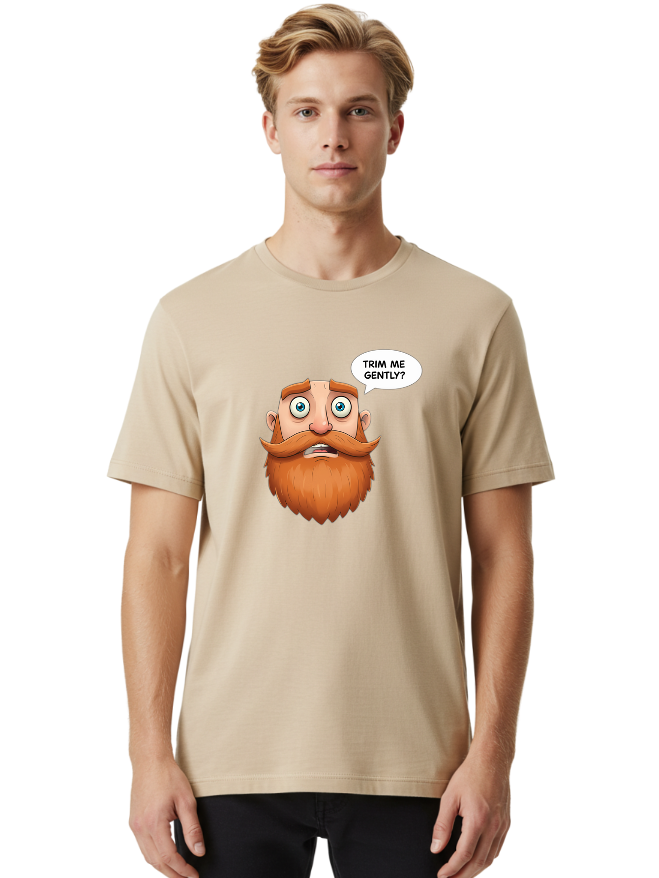 Trim-Me-Gently Men'S Graphic Tee, 100% Cotton, Comfortable Casual Summer Wear, Machine Washable, Cartoon Man With Large Beard, Funny Character, Humorous Illustration, Comedic Expression, Mustache And Beard, Gentle Trim Request, Cartoon Style, Bad867 24