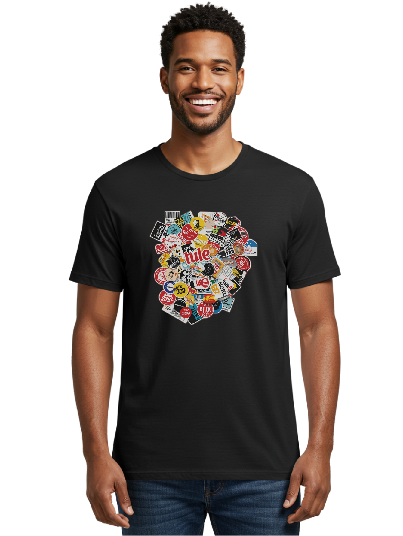 Tule-Sticker-Collage Men'S Graphic Tee, 100% Cotton, Comfortable Casual Summer Wear, Machine Washable, Sticker Collection, Vinyl Stickers, Label Art, Diverse Designs, Quirky Graphics, Bold Typography, Eclectic Mix, Logos, Branding, Decals, Bad868 29