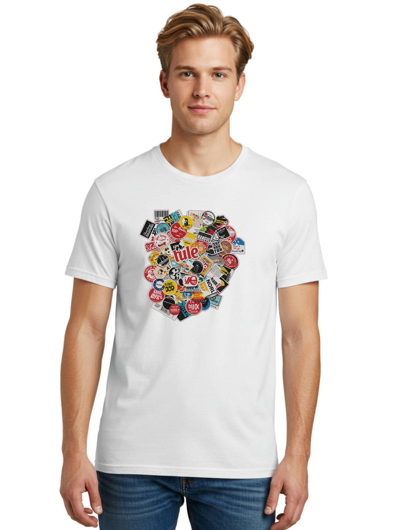Tule-Sticker-Collage Men'S Graphic Tee, 100% Cotton, Comfortable Casual Summer Wear, Machine Washable, Sticker Collection, Vinyl Stickers, Label Art, Diverse Designs, Quirky Graphics, Bold Typography, Eclectic Mix, Logos, Branding, Decals, Bad868 27