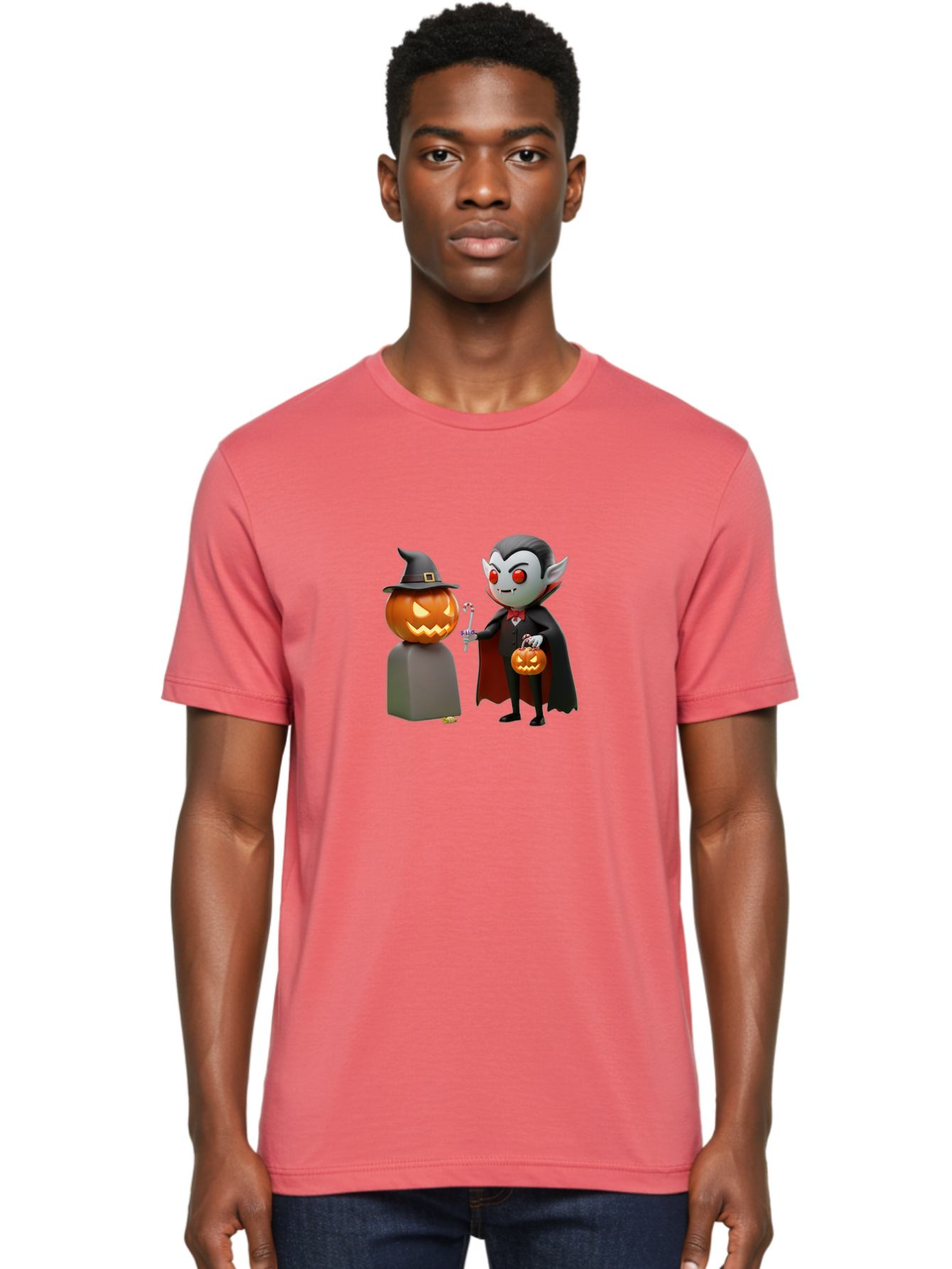 Vampire-And-Jack-O-Lantern Men'S Graphic Tee, 100% Cotton, Comfortable Casual Summer Wear, Machine Washable, Vampire Character, Jack-O-Lantern, Halloween Theme, Cartoon Style, Spooky Atmosphere, 3D Illustration, Trick Or Treat, Gothic, Fantasy Bad879 22