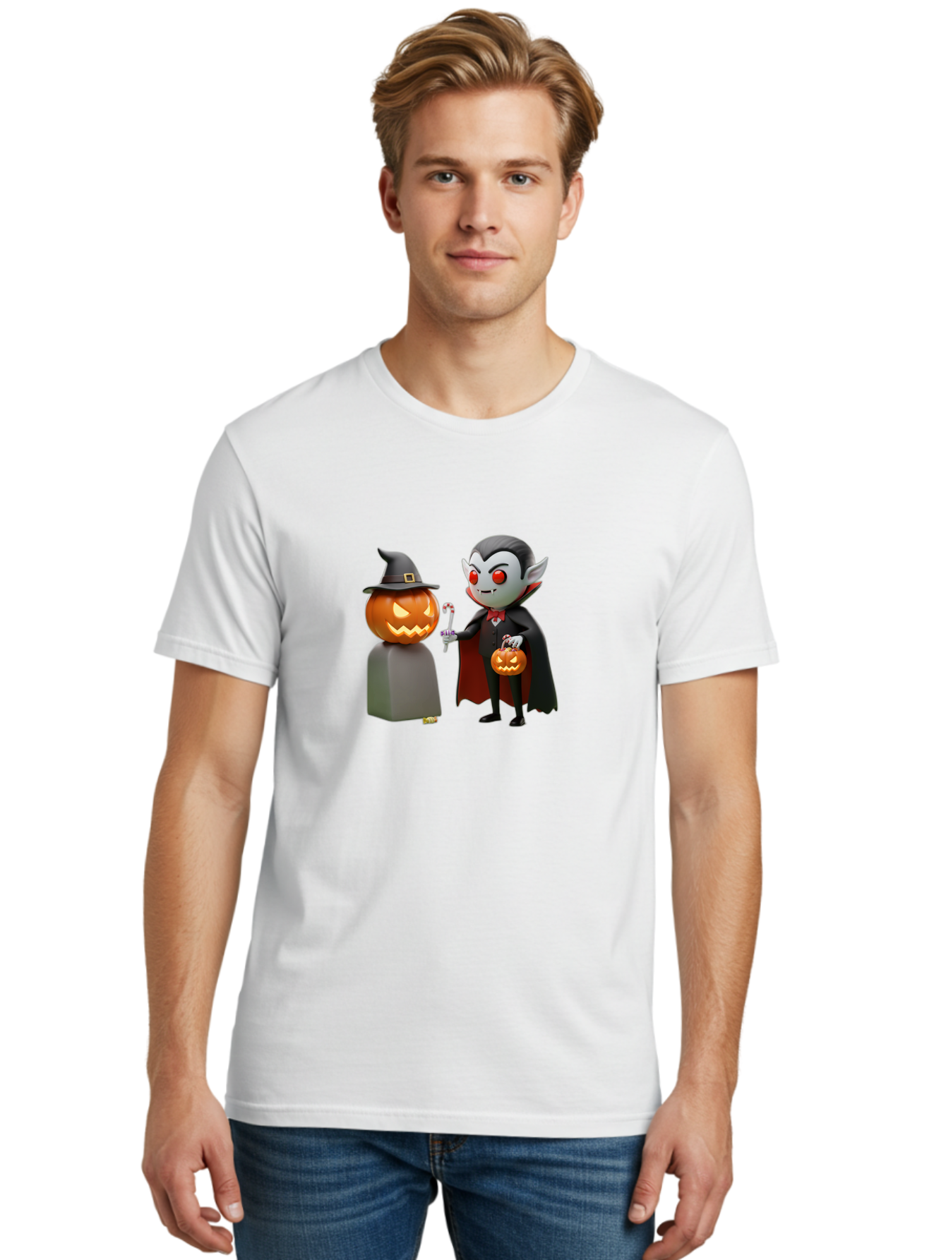 Vampire-And-Jack-O-Lantern Men'S Graphic Tee, 100% Cotton, Comfortable Casual Summer Wear, Machine Washable, Vampire Character, Jack-O-Lantern, Halloween Theme, Cartoon Style, Spooky Atmosphere, 3D Illustration, Trick Or Treat, Gothic, Fantasy Bad879 20