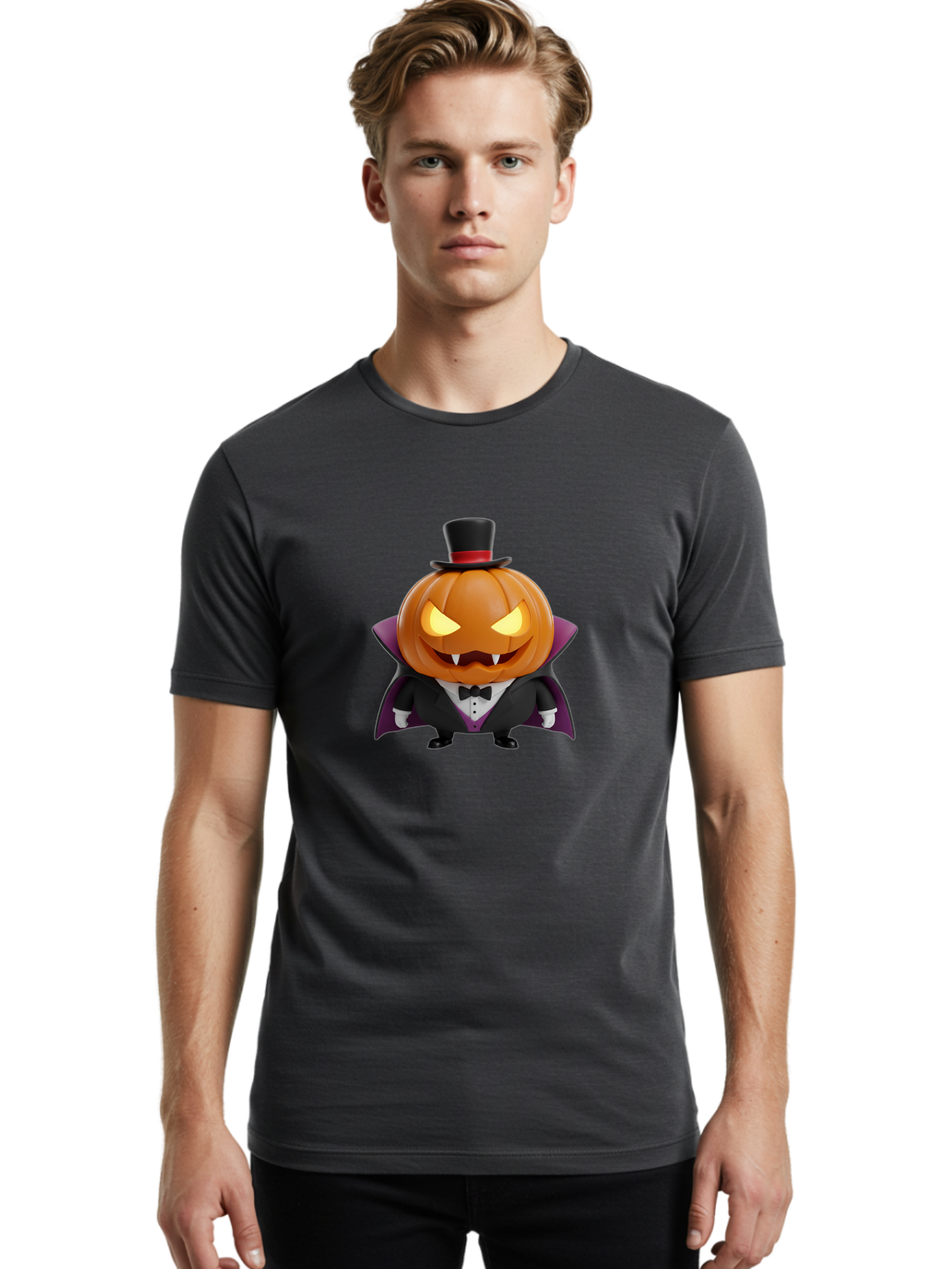 Vampire-Jack-O-Lantern Men'S Graphic Tee, 100% Cotton, Comfortable Casual Summer Wear, Machine Washable, Vampire Jack-O-Lantern, Halloween Character, Cartoon Pumpkin, Fangs, Top Hat, Tuxedo, Cape, Spooky, Halloween Decor, Autumnal Theme, Bad880 22