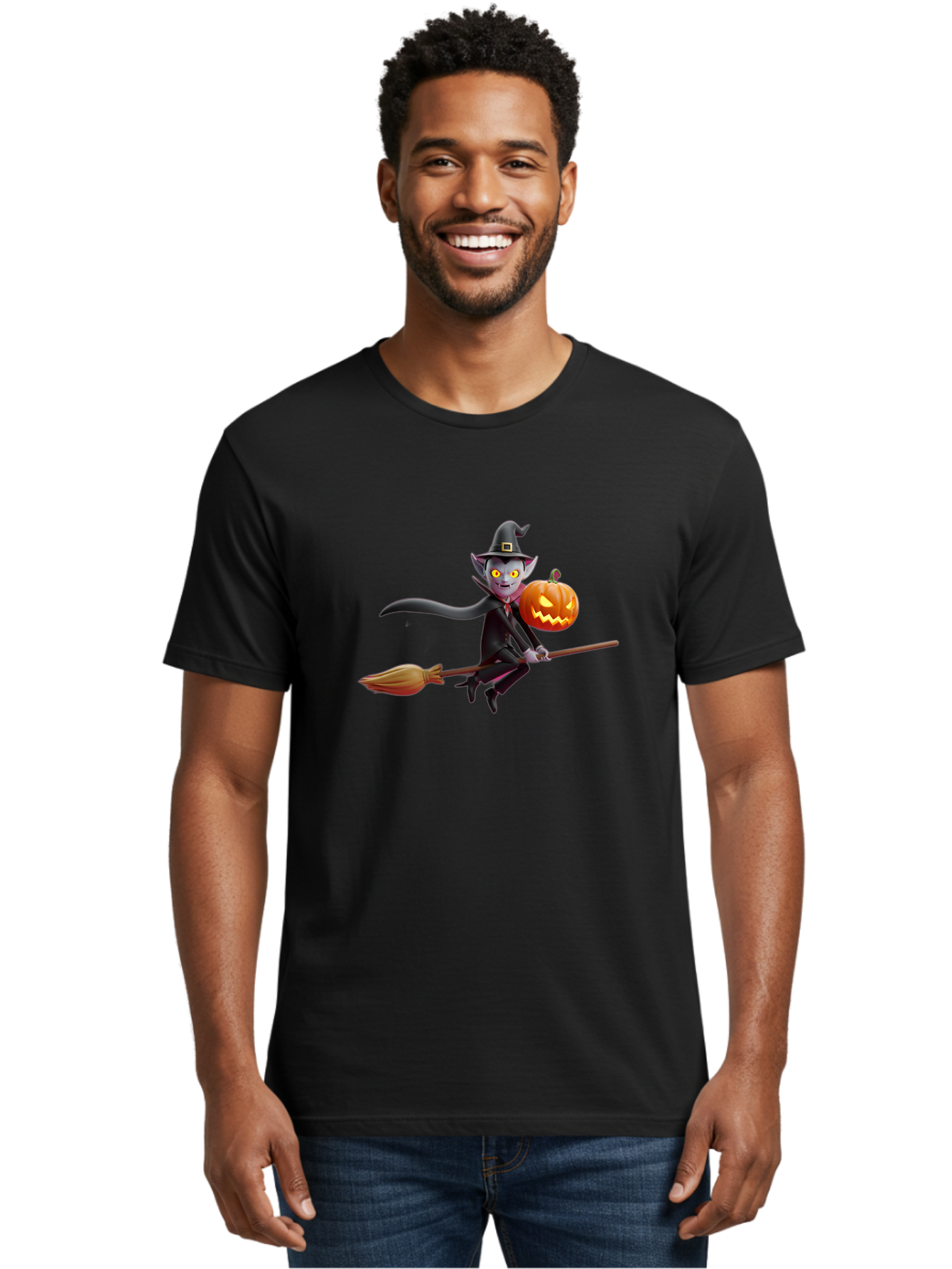 Vampire-Witch Men'S Graphic Tee, 100% Cotton, Comfortable Casual Summer Wear, Machine Washable, Vampire Witch Flying On Broomstick, Holding Jack-O-Lantern, Halloween Character, Spooky Atmosphere, Cartoon-Style Illustration, Bad881 25