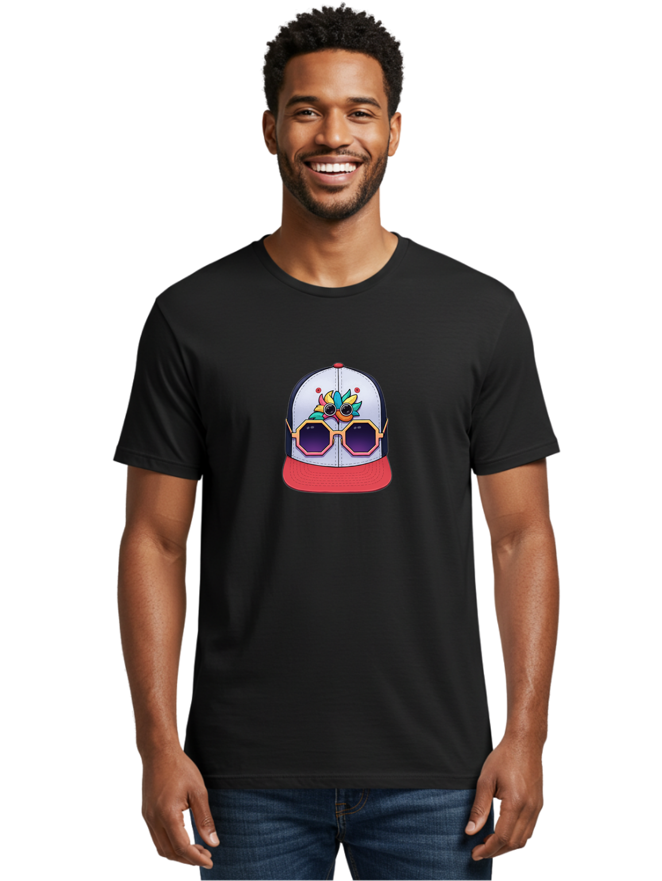 Vaporwave-Baseball-Cap Men'S Graphic Tee, 100% Cotton, Comfortable Casual Summer Wear, Machine Washable, Futuristic Baseball Cap, Colorful Design, Sunglasses On Hat, Neon Lights, Cyberpunk Style, Futuristic Fashion, Streetwear, Bad883 22