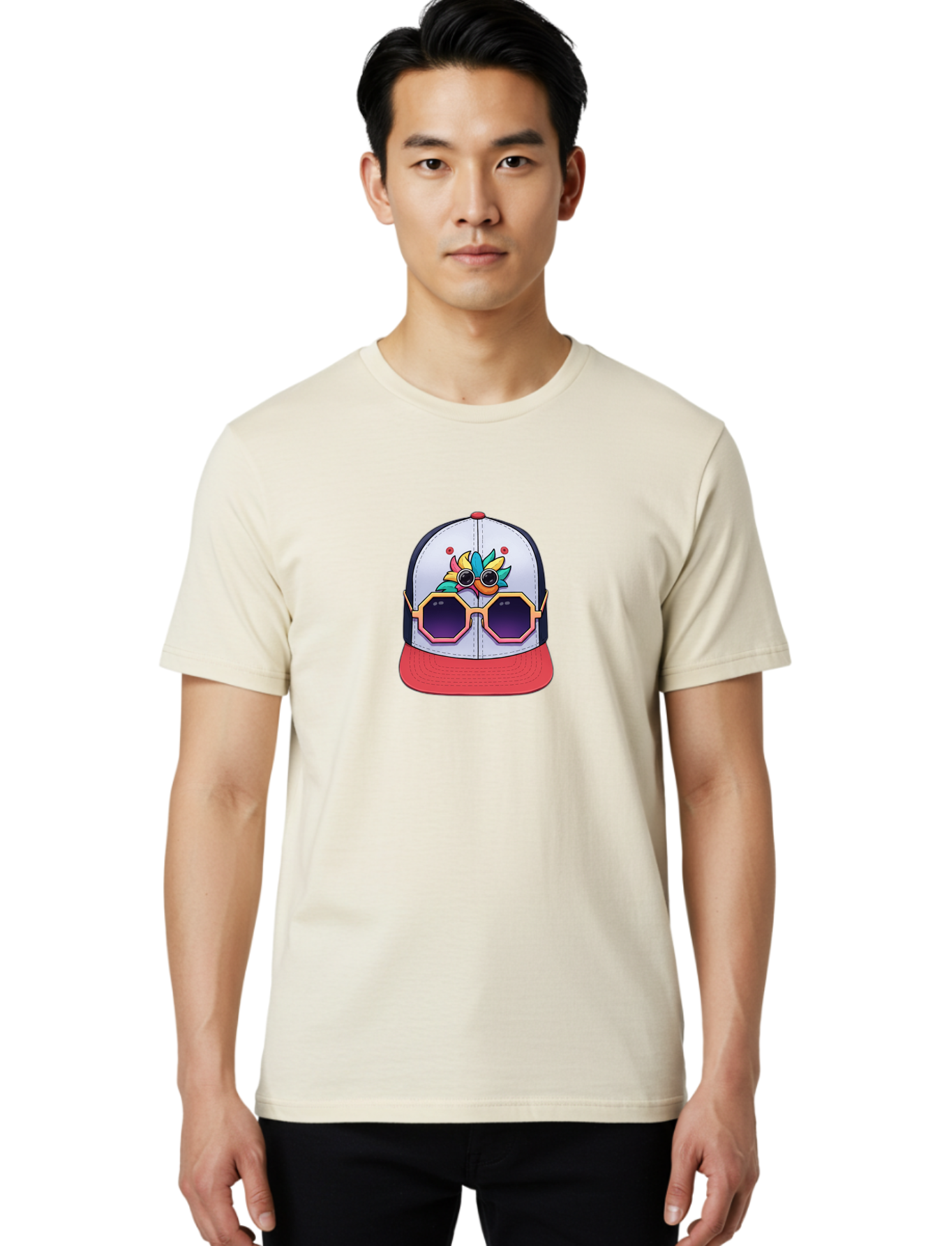 Vaporwave-Baseball-Cap Men'S Graphic Tee, 100% Cotton, Comfortable Casual Summer Wear, Machine Washable, Futuristic Baseball Cap, Colorful Design, Sunglasses On Hat, Neon Lights, Cyberpunk Style, Futuristic Fashion, Streetwear, Bad883 21