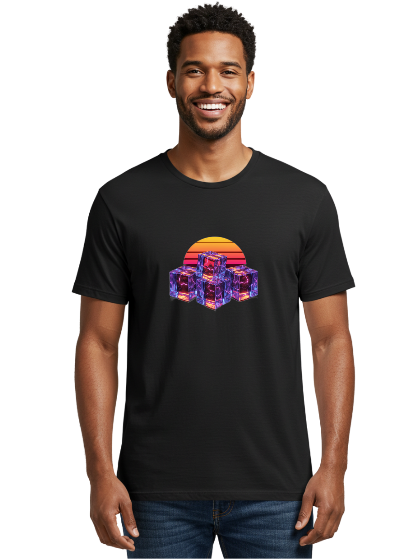 Vaporwave-Cubes Men'S Graphic Tee, 100% Cotton, Comfortable Casual Summer Wear, Machine Washable, Vaporwave Art, Retro Futuristic Style, Neon Lights, Glowing Cubes, 80S Aesthetic, Synthwave, Futuristic Landscape, Retro Colors, Bad884 25