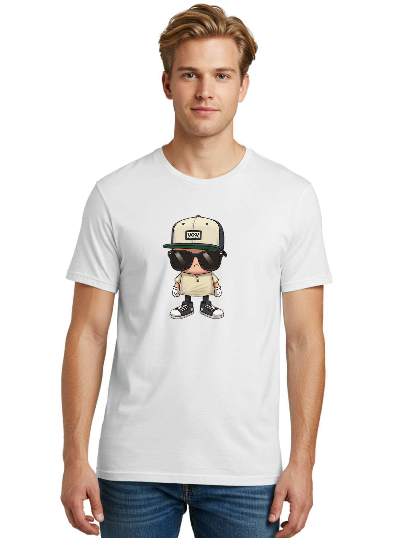 Vca-V-Character Men'S Graphic Tee, 100% Cotton, Comfortable Casual Summer Wear, Machine Washable, Stylish Cartoon Character, Vca Veto Logo, Trendy Clothing, Streetwear Style, Cool Shades, Urban Fashion, Graphic Design, Illustration Art Bad886 26