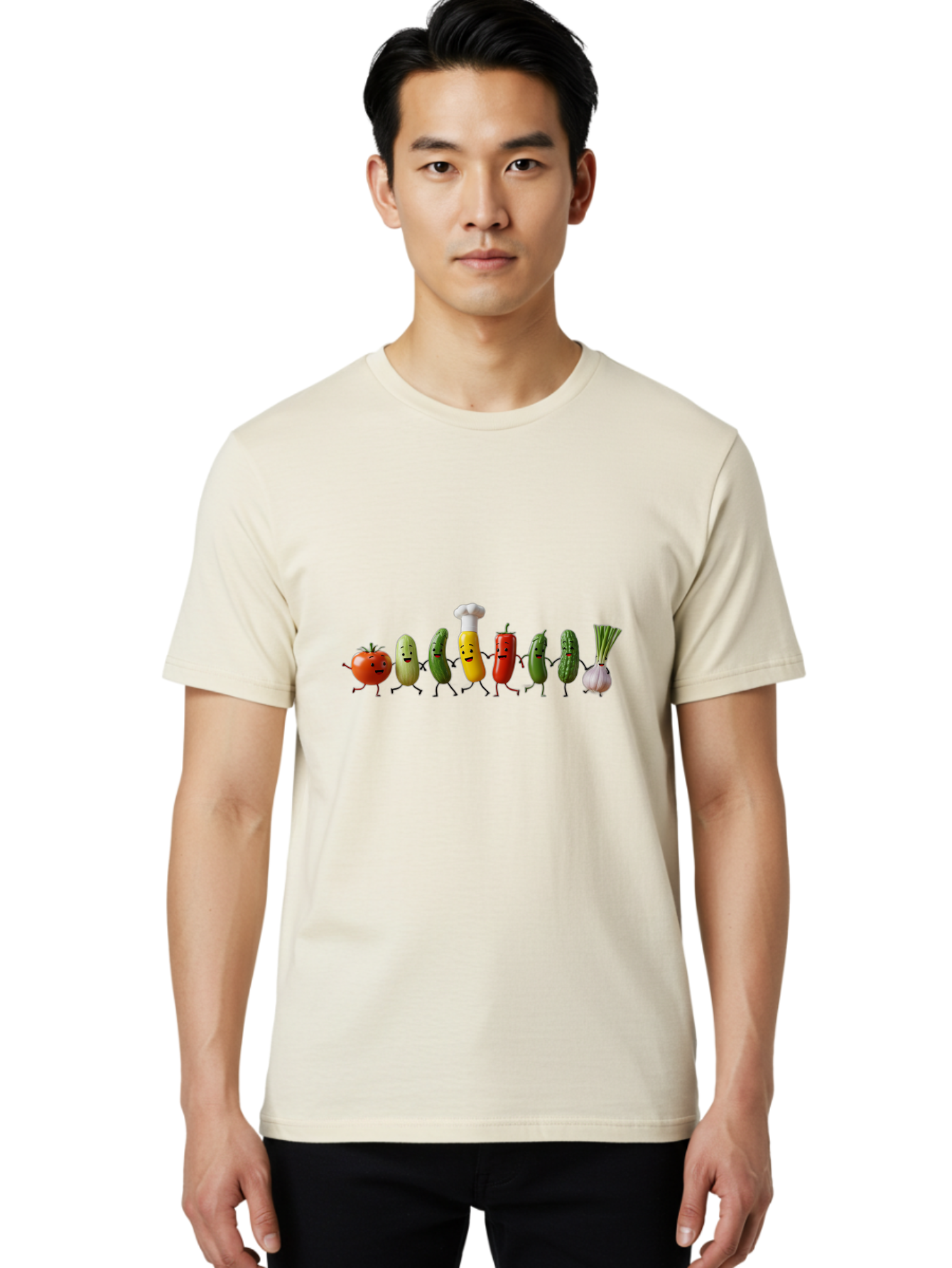 Vegetable-Crew Men'S Graphic Tee, 100% Cotton, Comfortable Casual Summer Wear, Machine Washable, Cartoon Vegetables, Funny Characters, Chef Hat, Tomato, Pickle, Pepper, Onion, Smiling Faces, Dancing Vegetables, Playful Illustration Bad887 26