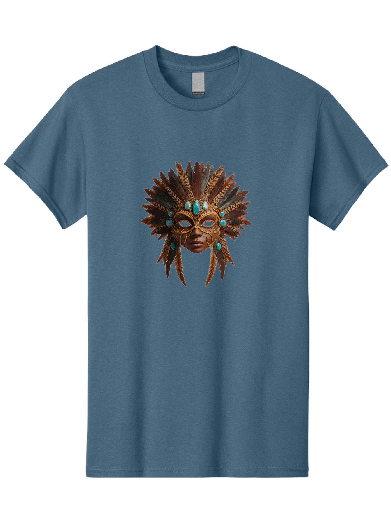 Venetian-Mask-1 Men'S Graphic Tee, 100% Cotton, Comfortable Casual Summer Wear, Machine Washable, Golden Mask, Feathered Headdress, Blue Jewels, Mysterious, Elegant, Luxury, Masquerade, Decorative, Ornate, Intricate Bad888 3