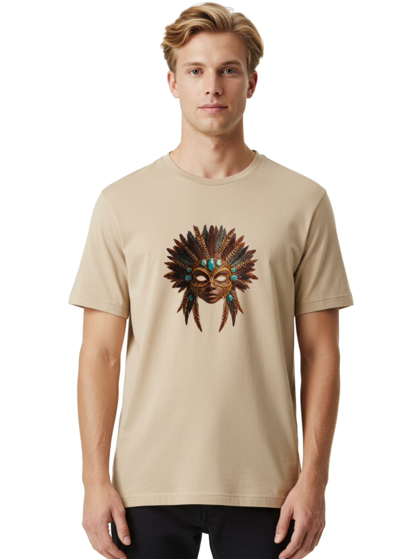 Venetian-Mask-1 Men'S Graphic Tee, 100% Cotton, Comfortable Casual Summer Wear, Machine Washable, Golden Mask, Feathered Headdress, Blue Jewels, Mysterious, Elegant, Luxury, Masquerade, Decorative, Ornate, Intricate Bad888 22