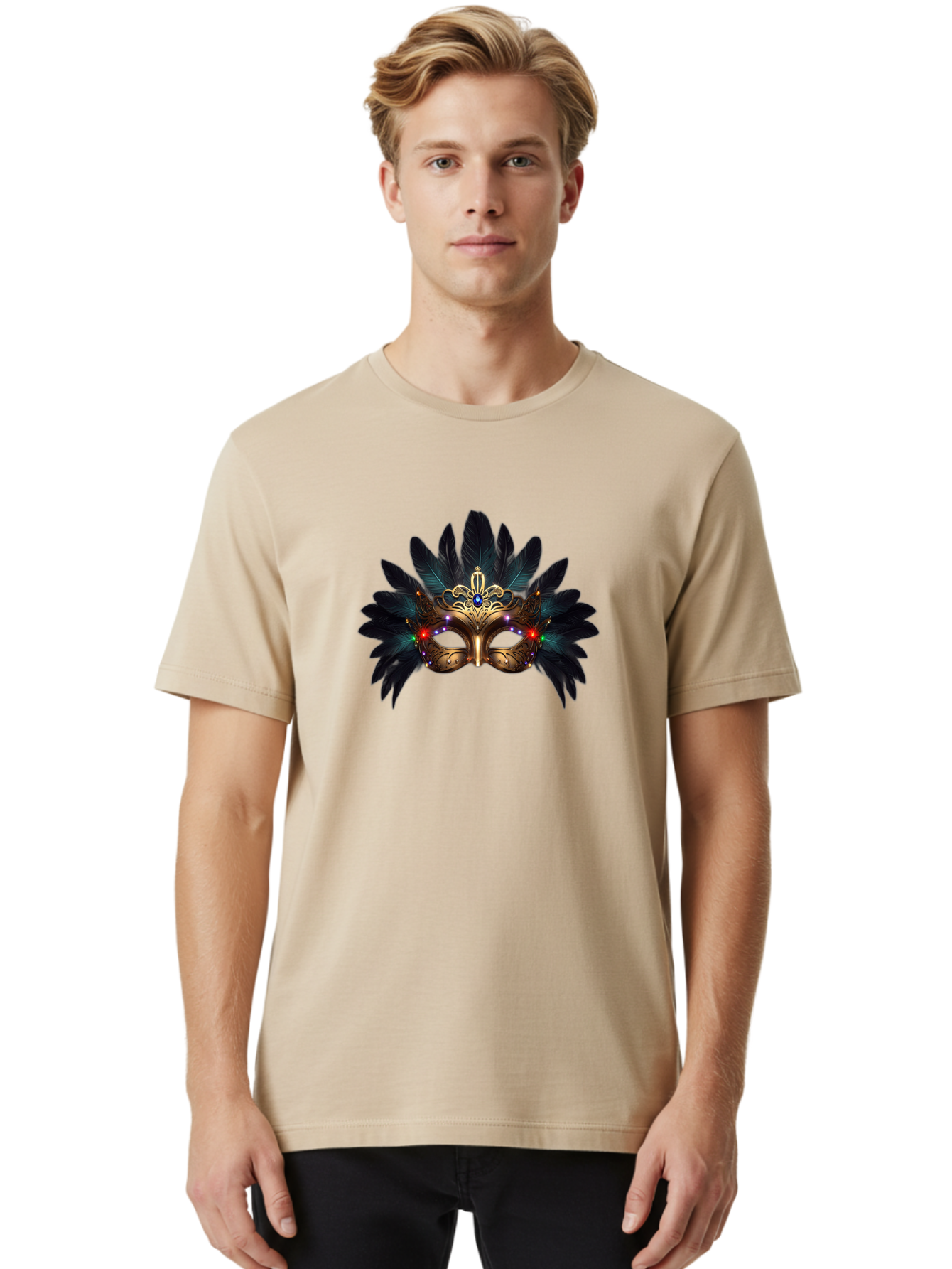 Venetian-Mask-2 Men'S Graphic Tee, 100% Cotton, Comfortable Casual Summer Wear, Machine Washable, Golden Mask, Venetian Mask, Carnival Attire, Masquerade Ball, Decorative Feathers, Gemstone Embellishments, Festive Accessories, Bad889 17