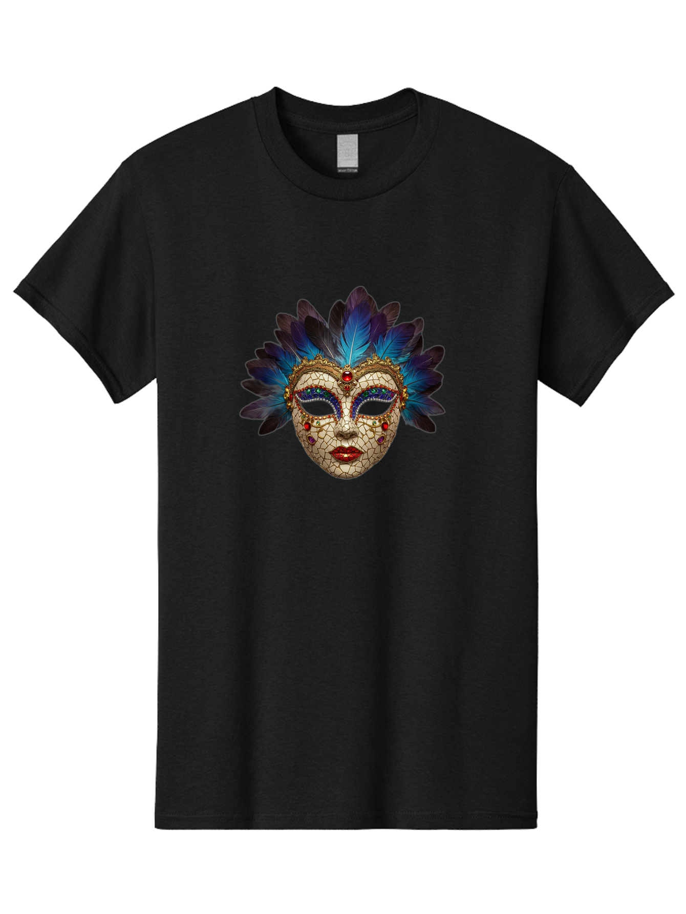 Venetian-Mask-3 Men'S Graphic Tee, 100% Cotton, Comfortable Casual Summer Wear, Machine Washable, Masquerade Ball, Venetian Mask, Luxury Fashion, Gold Accents, Red Lips, Rhinestones, Blue Feathers, Dramatic Design, Mysterious Allure, Bad890 11