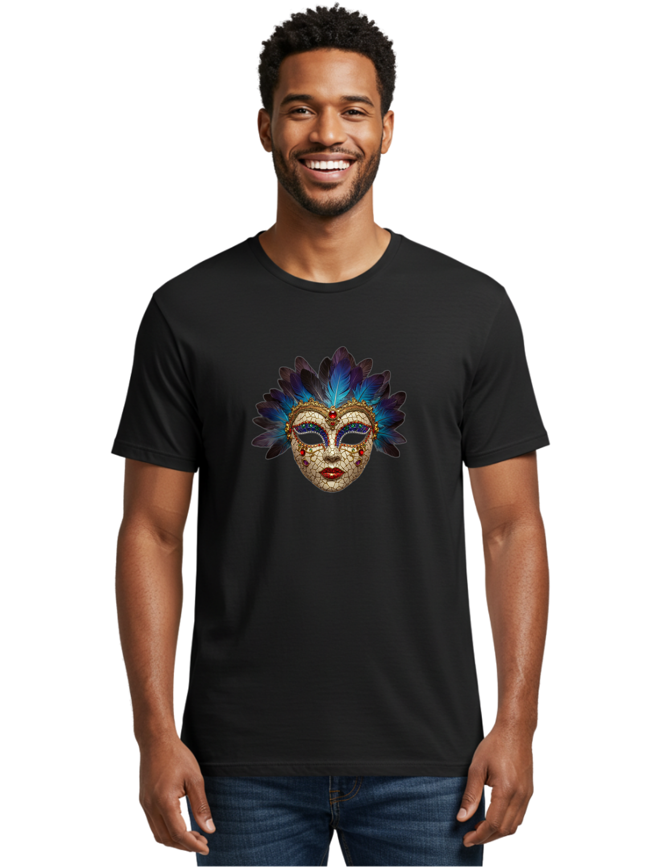 Venetian-Mask-3 Men'S Graphic Tee, 100% Cotton, Comfortable Casual Summer Wear, Machine Washable, Masquerade Ball, Venetian Mask, Luxury Fashion, Gold Accents, Red Lips, Rhinestones, Blue Feathers, Dramatic Design, Mysterious Allure, Bad890 26