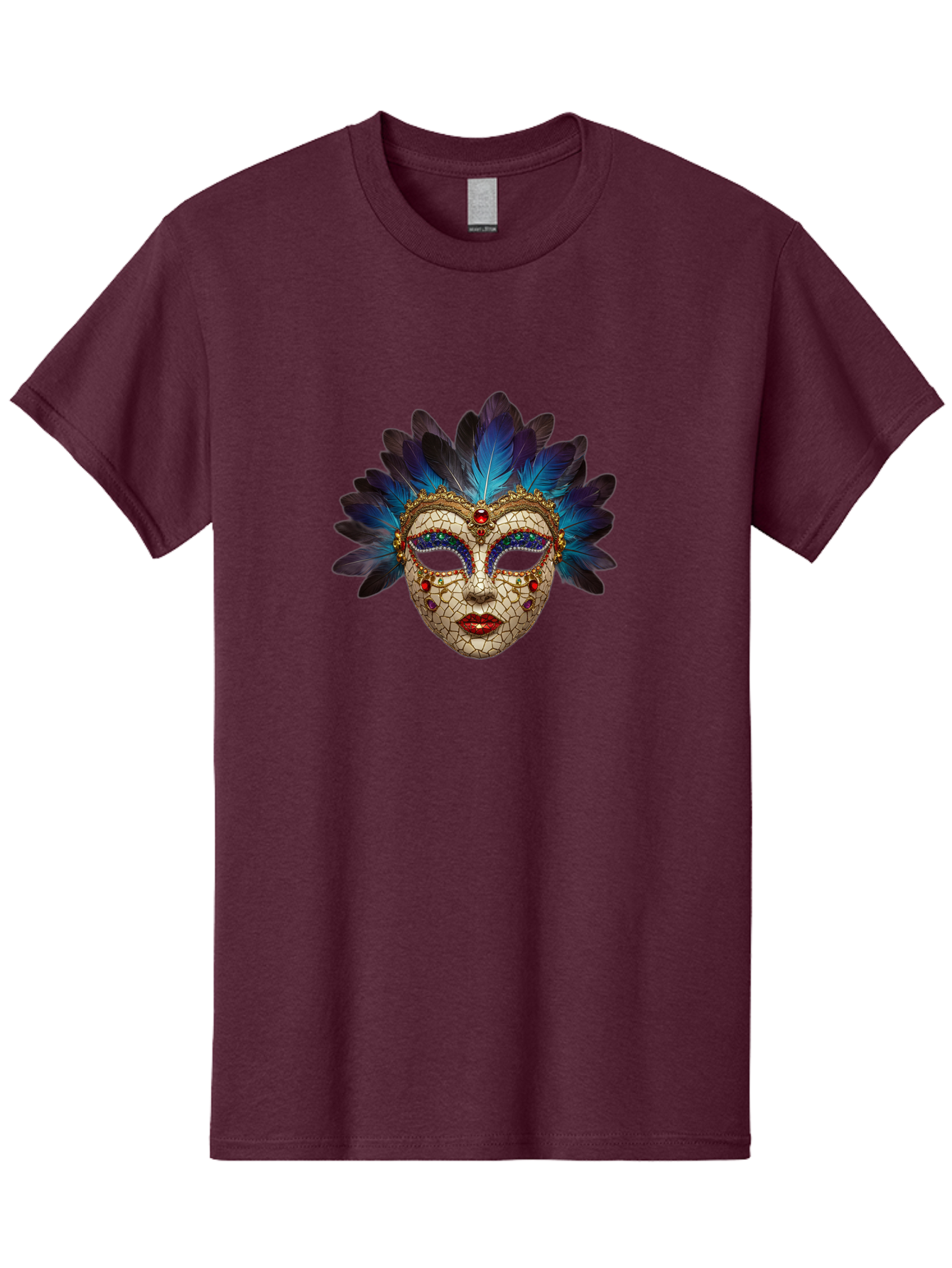Venetian-Mask-3 Men'S Graphic Tee, 100% Cotton, Comfortable Casual Summer Wear, Machine Washable, Masquerade Ball, Venetian Mask, Luxury Fashion, Gold Accents, Red Lips, Rhinestones, Blue Feathers, Dramatic Design, Mysterious Allure, Bad890 15