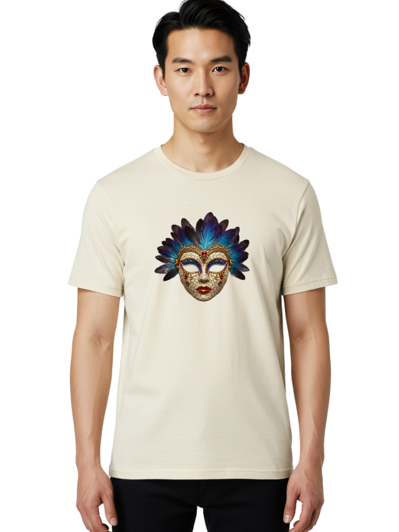 Venetian-Mask-3 Men'S Graphic Tee, 100% Cotton, Comfortable Casual Summer Wear, Machine Washable, Masquerade Ball, Venetian Mask, Luxury Fashion, Gold Accents, Red Lips, Rhinestones, Blue Feathers, Dramatic Design, Mysterious Allure, Bad890 18
