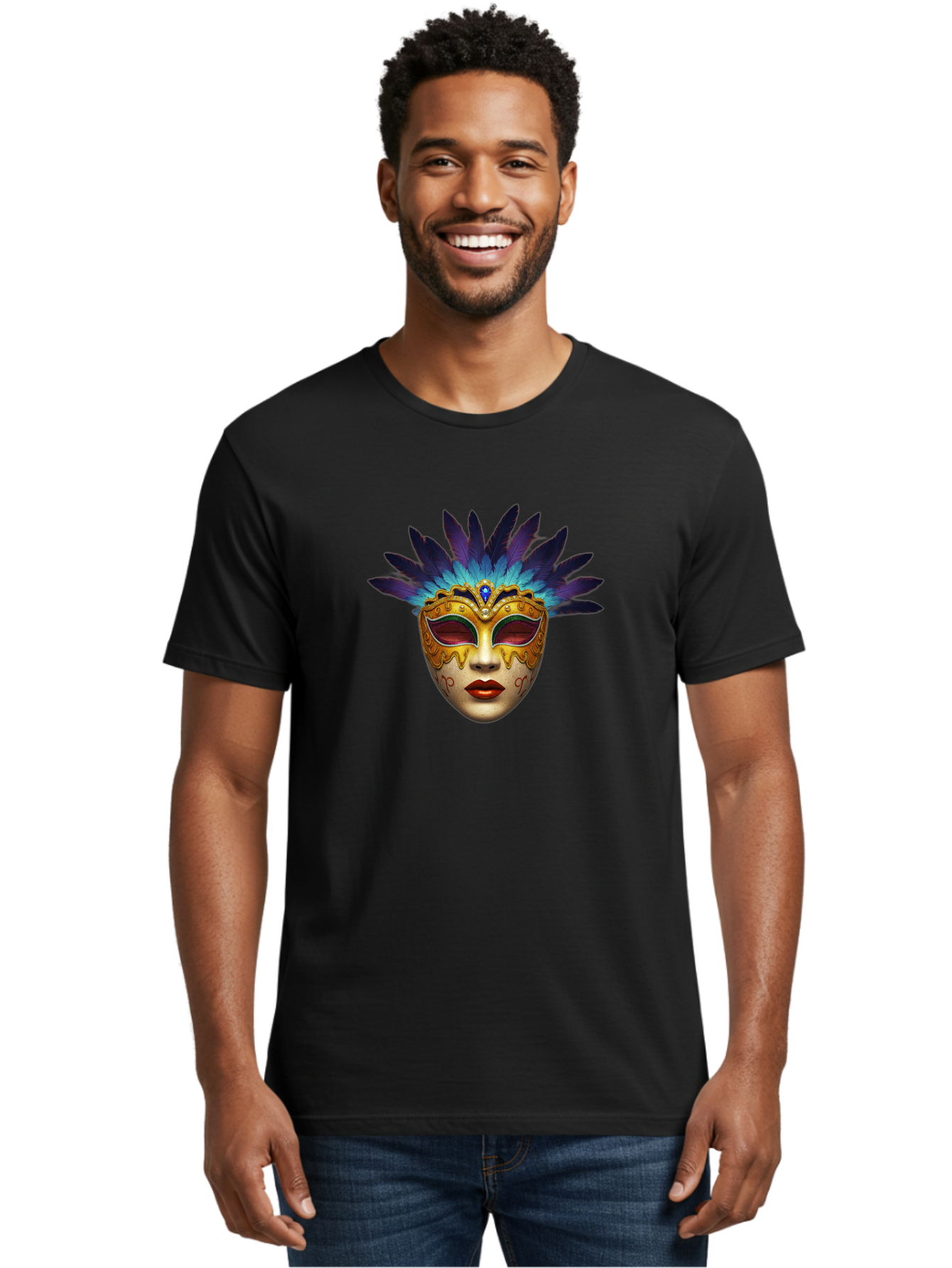 Venetian-Mask-4 Men'S Graphic Tee, 100% Cotton, Comfortable Casual Summer Wear, Machine Washable, Golden Venetian Mask, Mask With Feathers, Purple And Blue Feathers, Golden Decoration, Red Lips, Carnival Mask, Masquerade Ball, Mysterious Mask Bad891 23
