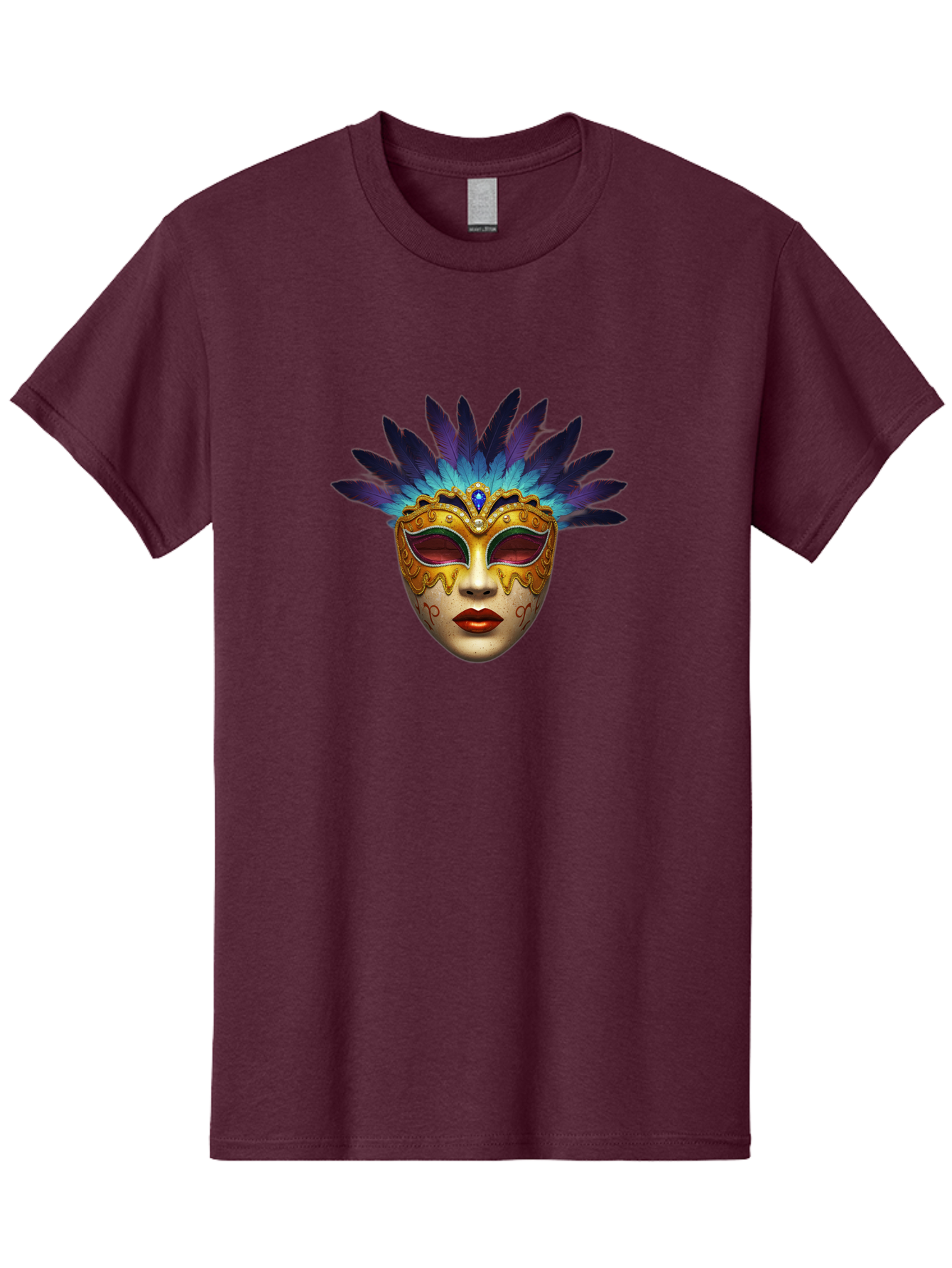 Venetian-Mask-4 Men'S Graphic Tee, 100% Cotton, Comfortable Casual Summer Wear, Machine Washable, Golden Venetian Mask, Mask With Feathers, Purple And Blue Feathers, Golden Decoration, Red Lips, Carnival Mask, Masquerade Ball, Mysterious Mask Bad891 9