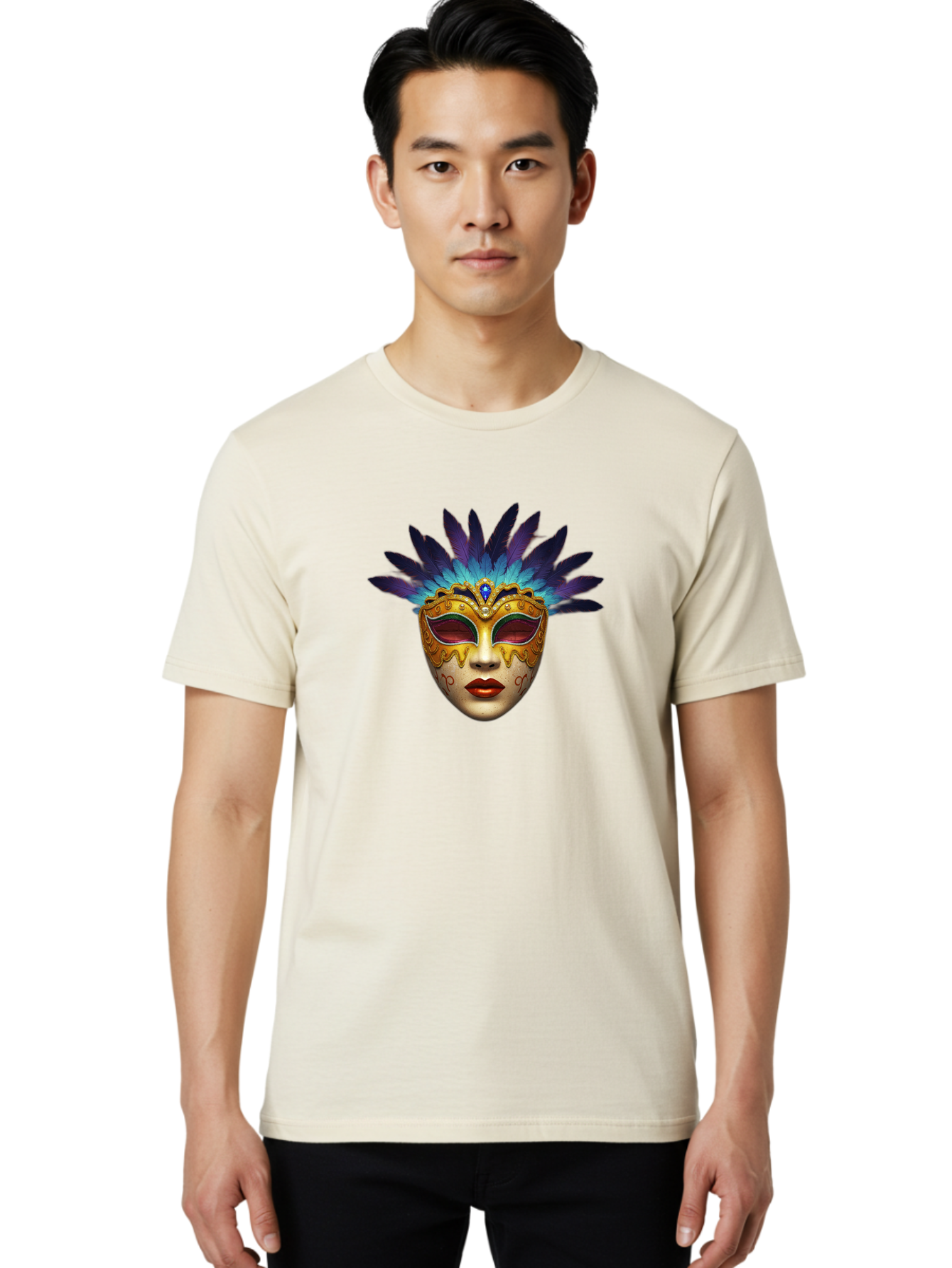 Venetian-Mask-4 Men'S Graphic Tee, 100% Cotton, Comfortable Casual Summer Wear, Machine Washable, Golden Venetian Mask, Mask With Feathers, Purple And Blue Feathers, Golden Decoration, Red Lips, Carnival Mask, Masquerade Ball, Mysterious Mask Bad891 29