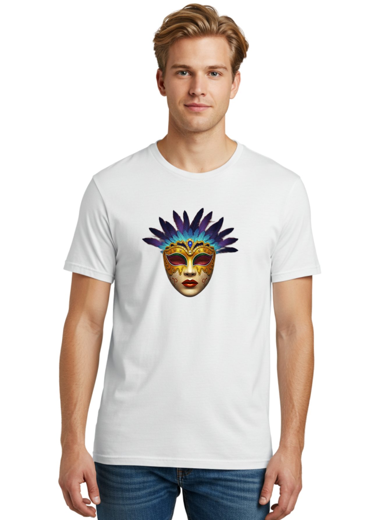Venetian-Mask-4 Men'S Graphic Tee, 100% Cotton, Comfortable Casual Summer Wear, Machine Washable, Golden Venetian Mask, Mask With Feathers, Purple And Blue Feathers, Golden Decoration, Red Lips, Carnival Mask, Masquerade Ball, Mysterious Mask Bad891 17