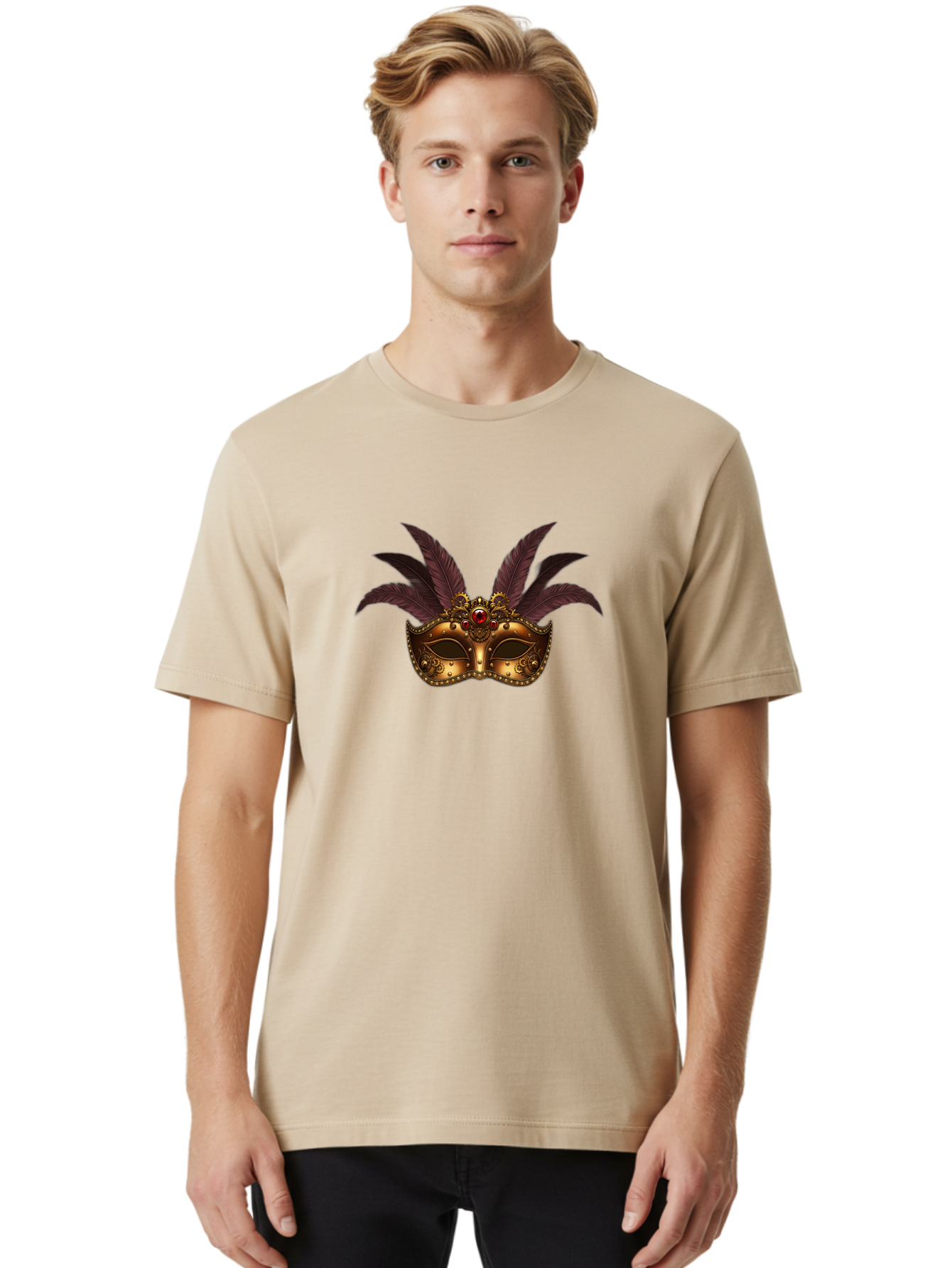 Venetian-Mask Men'S Graphic Tee, 100% Cotton, Comfortable Casual Summer Wear, Machine Washable, Golden Mask With Feathers, Venetian Mask, Carnival Mask, Red Jewel, Luxurious Design, Decorative Mask, Masquerade Ball Bad893 25