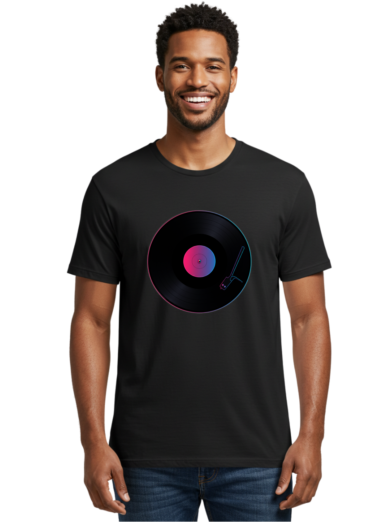Vinyl-Record-Player Men'S Graphic Tee, 100% Cotton, Comfortable Casual Summer Wear, Machine Washable, Vinyl Record, Record Player, Music Lover, Dj Culture, Retro Vibe, Black Vinyl, Neon Glow, Music Nostalgia, Vinyl Collection, Turntable Art Bad903 24