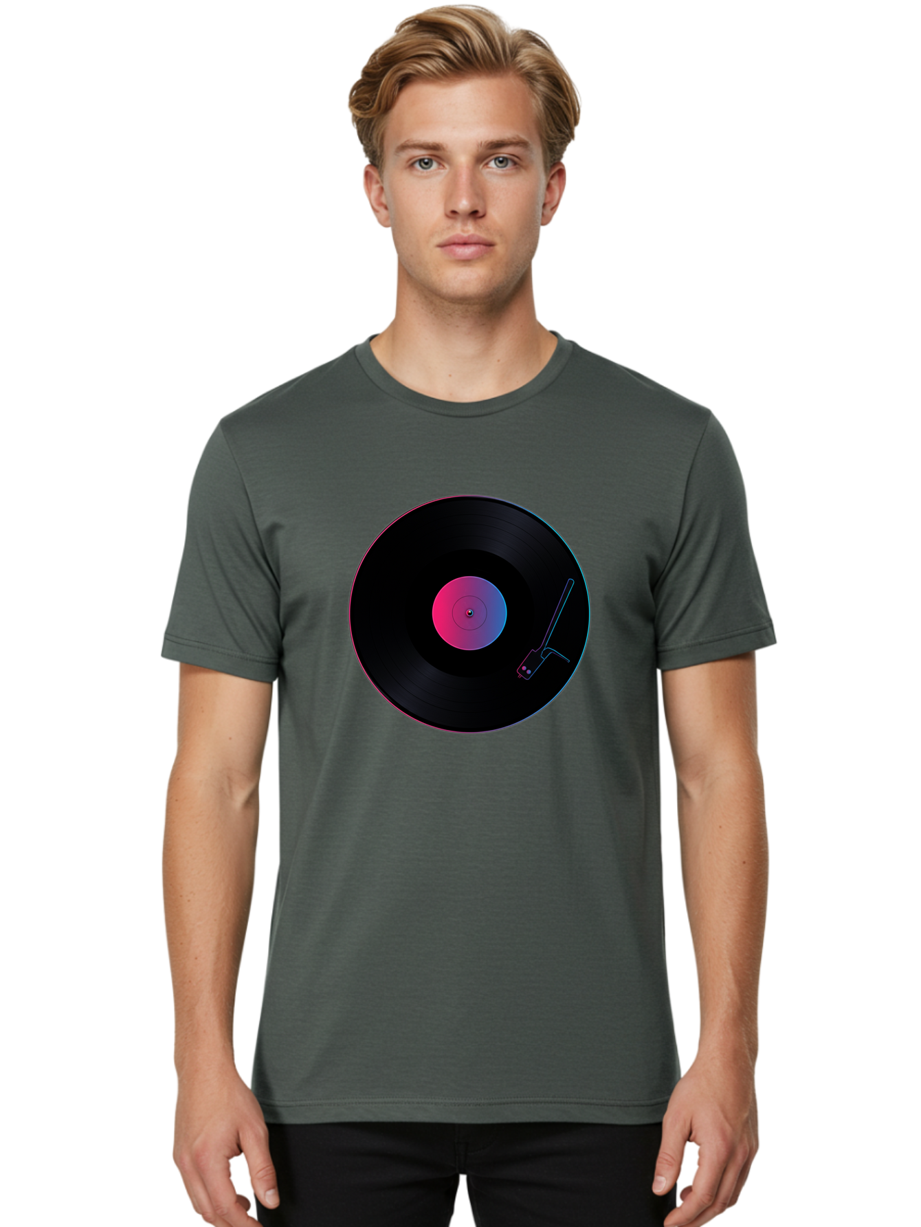 Vinyl-Record-Player Men'S Graphic Tee, 100% Cotton, Comfortable Casual Summer Wear, Machine Washable, Vinyl Record, Record Player, Music Lover, Dj Culture, Retro Vibe, Black Vinyl, Neon Glow, Music Nostalgia, Vinyl Collection, Turntable Art Bad903 23