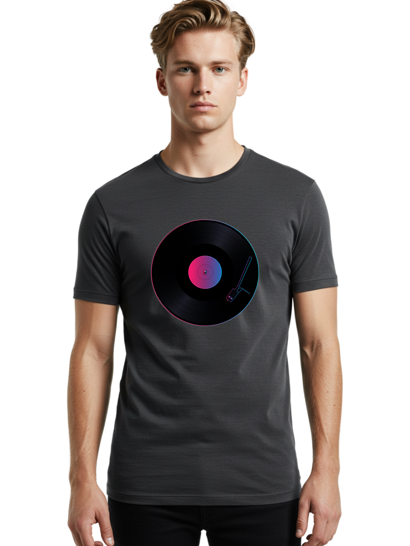 Vinyl-Record-Player Men'S Graphic Tee, 100% Cotton, Comfortable Casual Summer Wear, Machine Washable, Vinyl Record, Record Player, Music Lover, Dj Culture, Retro Vibe, Black Vinyl, Neon Glow, Music Nostalgia, Vinyl Collection, Turntable Art Bad903 30