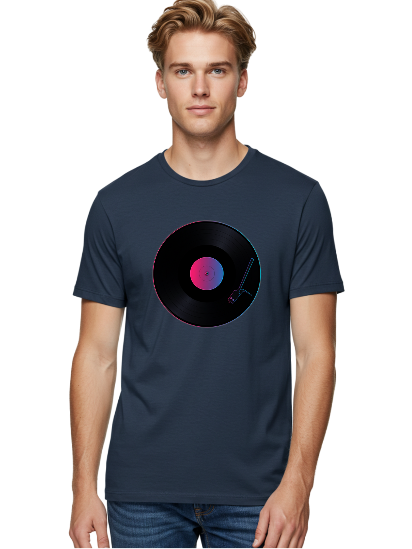 Vinyl-Record-Player Men'S Graphic Tee, 100% Cotton, Comfortable Casual Summer Wear, Machine Washable, Vinyl Record, Record Player, Music Lover, Dj Culture, Retro Vibe, Black Vinyl, Neon Glow, Music Nostalgia, Vinyl Collection, Turntable Art Bad903 18