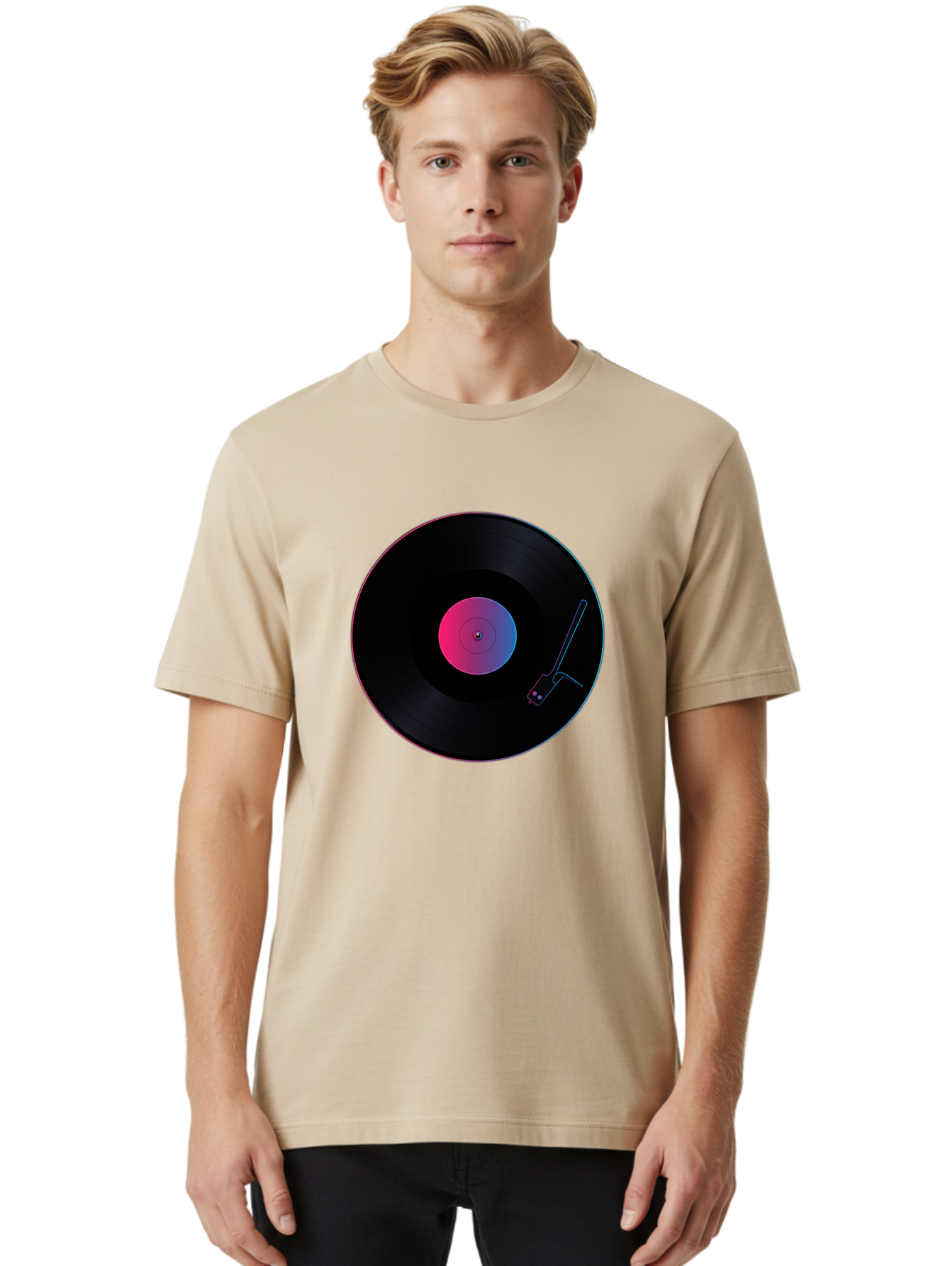 Vinyl-Record-Player Men'S Graphic Tee, 100% Cotton, Comfortable Casual Summer Wear, Machine Washable, Vinyl Record, Record Player, Music Lover, Dj Culture, Retro Vibe, Black Vinyl, Neon Glow, Music Nostalgia, Vinyl Collection, Turntable Art Bad903 21