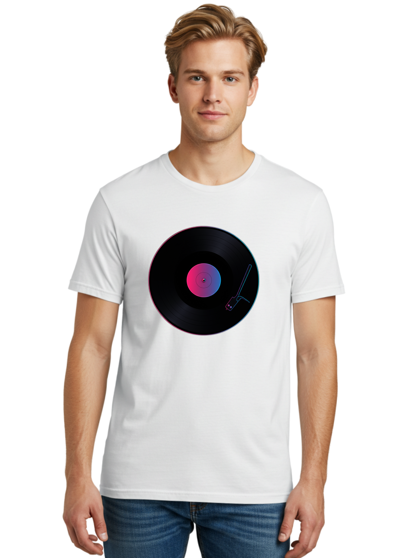 Vinyl-Record-Player Men'S Graphic Tee, 100% Cotton, Comfortable Casual Summer Wear, Machine Washable, Vinyl Record, Record Player, Music Lover, Dj Culture, Retro Vibe, Black Vinyl, Neon Glow, Music Nostalgia, Vinyl Collection, Turntable Art Bad903 29