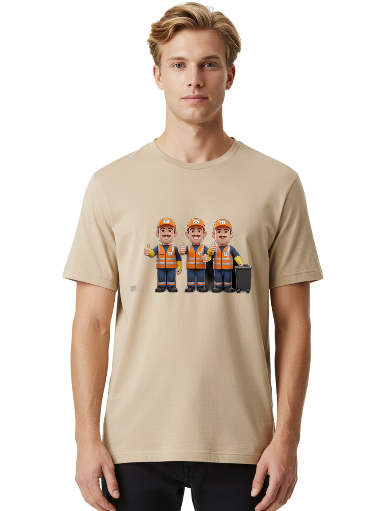 Waste-Management-Workers Men'S Graphic Tee, 100% Cotton, Comfortable Casual Summer Wear, Machine Washable, 3D Illustration, Waste Management Workers, Thumbs Up, Orange Safety Vests, Black Trash Bin, Customer Satisfaction, Bad908 22
