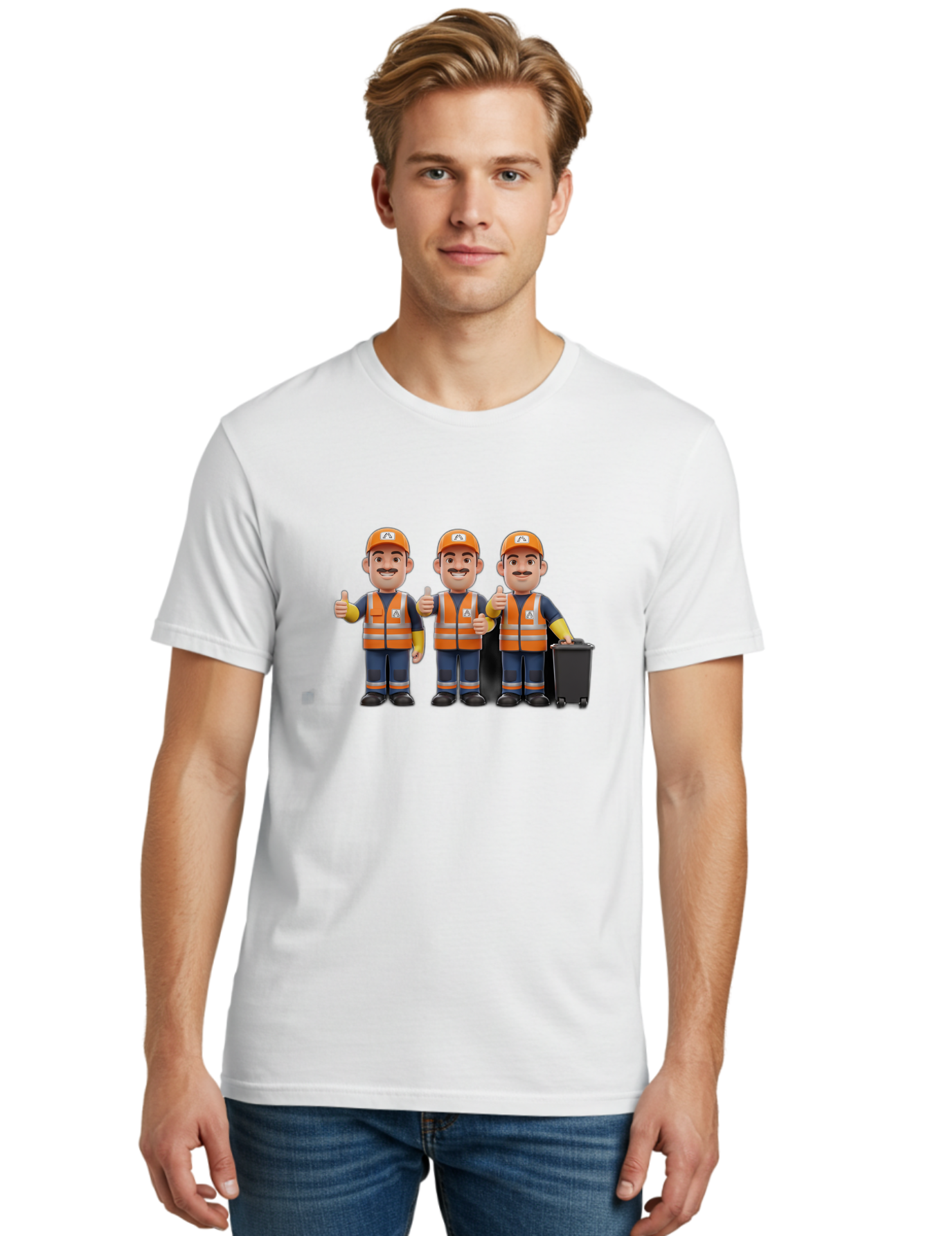 Waste-Management-Workers Men'S Graphic Tee, 100% Cotton, Comfortable Casual Summer Wear, Machine Washable, 3D Illustration, Waste Management Workers, Thumbs Up, Orange Safety Vests, Black Trash Bin, Customer Satisfaction, Bad908 24
