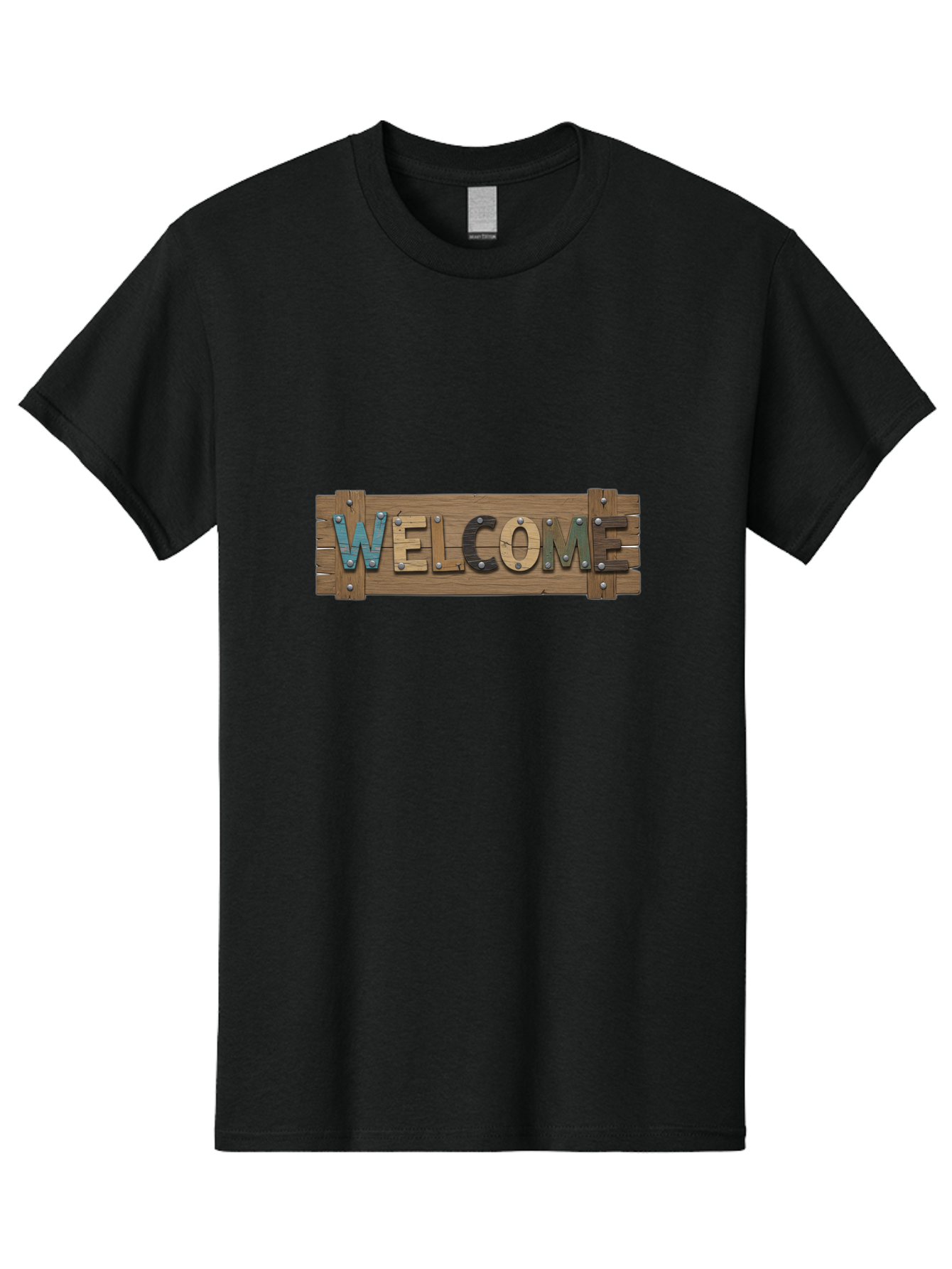 Welcome Men'S Graphic Tee, 100% Cotton, Comfortable Casual Summer Wear, Machine Washable, Wooden Welcome Sign, Rustic Design, Colorful Letters, Metal Rivets, Vintage Feel, Country Charm, Wooden Texture, Greeting Sign Bad910 15